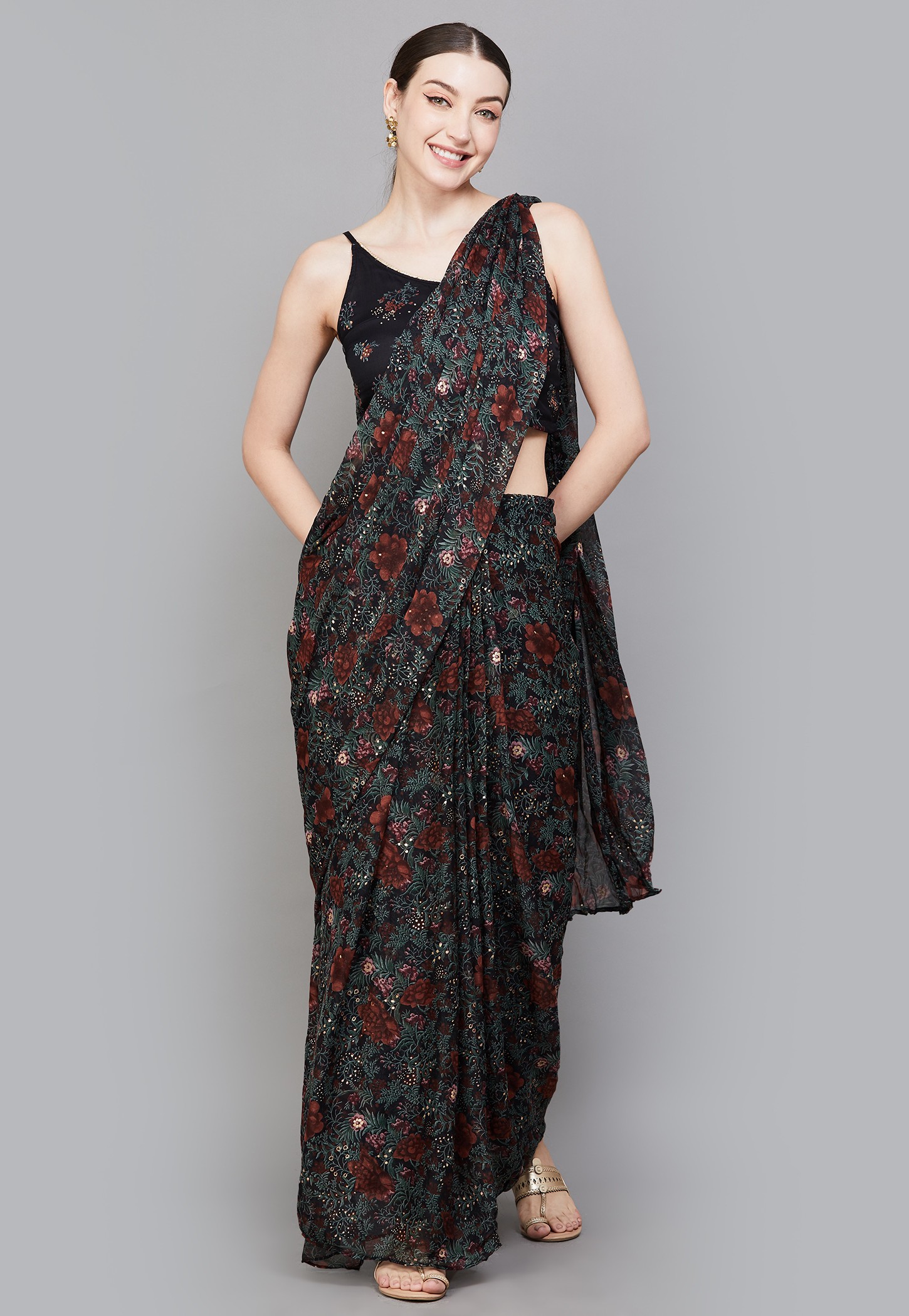 W Floral Print Pre-Stitched Saree with Blouse-image-4