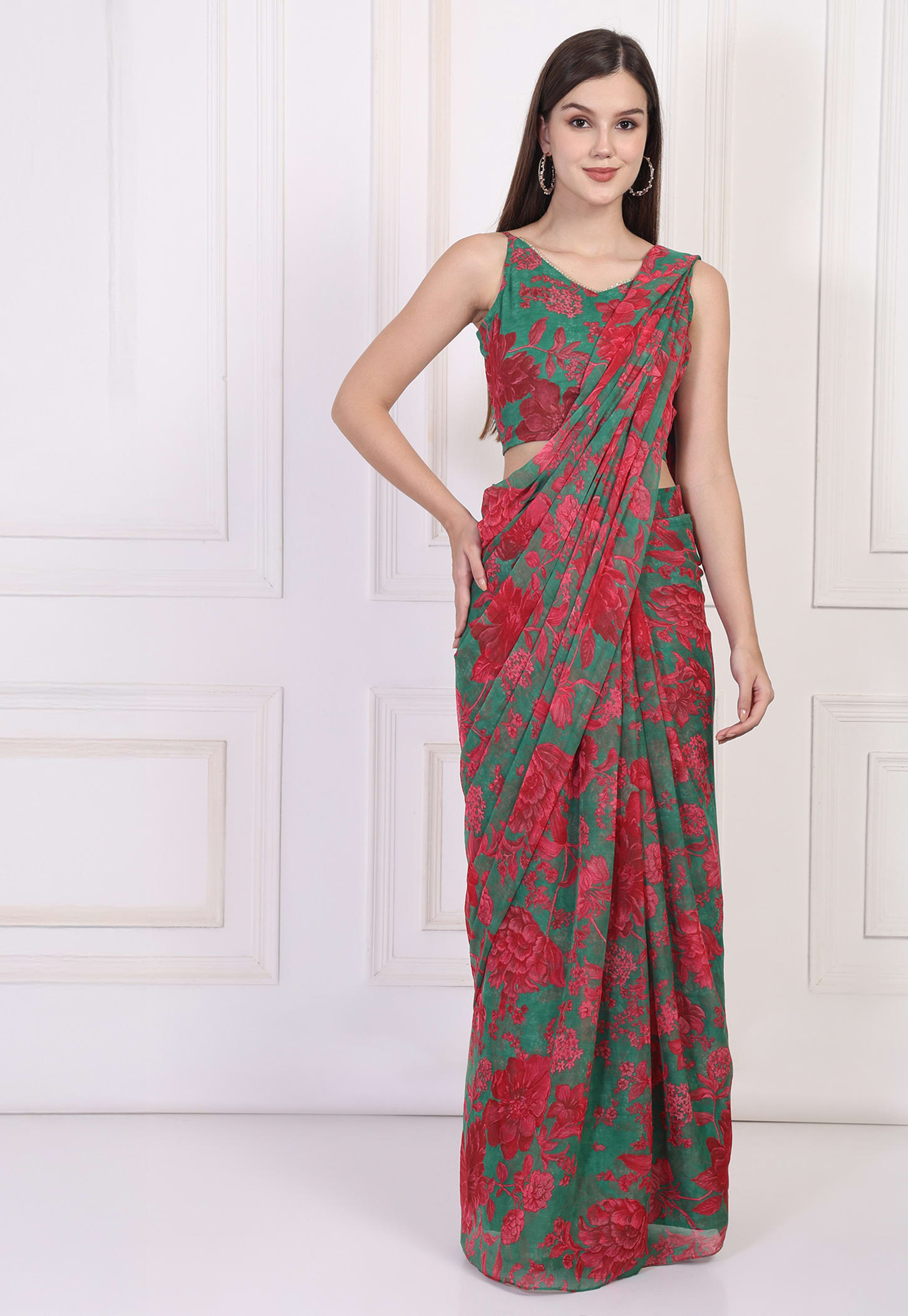 W Floral Print Pre-Stitched Saree with Crop Top-picture-49