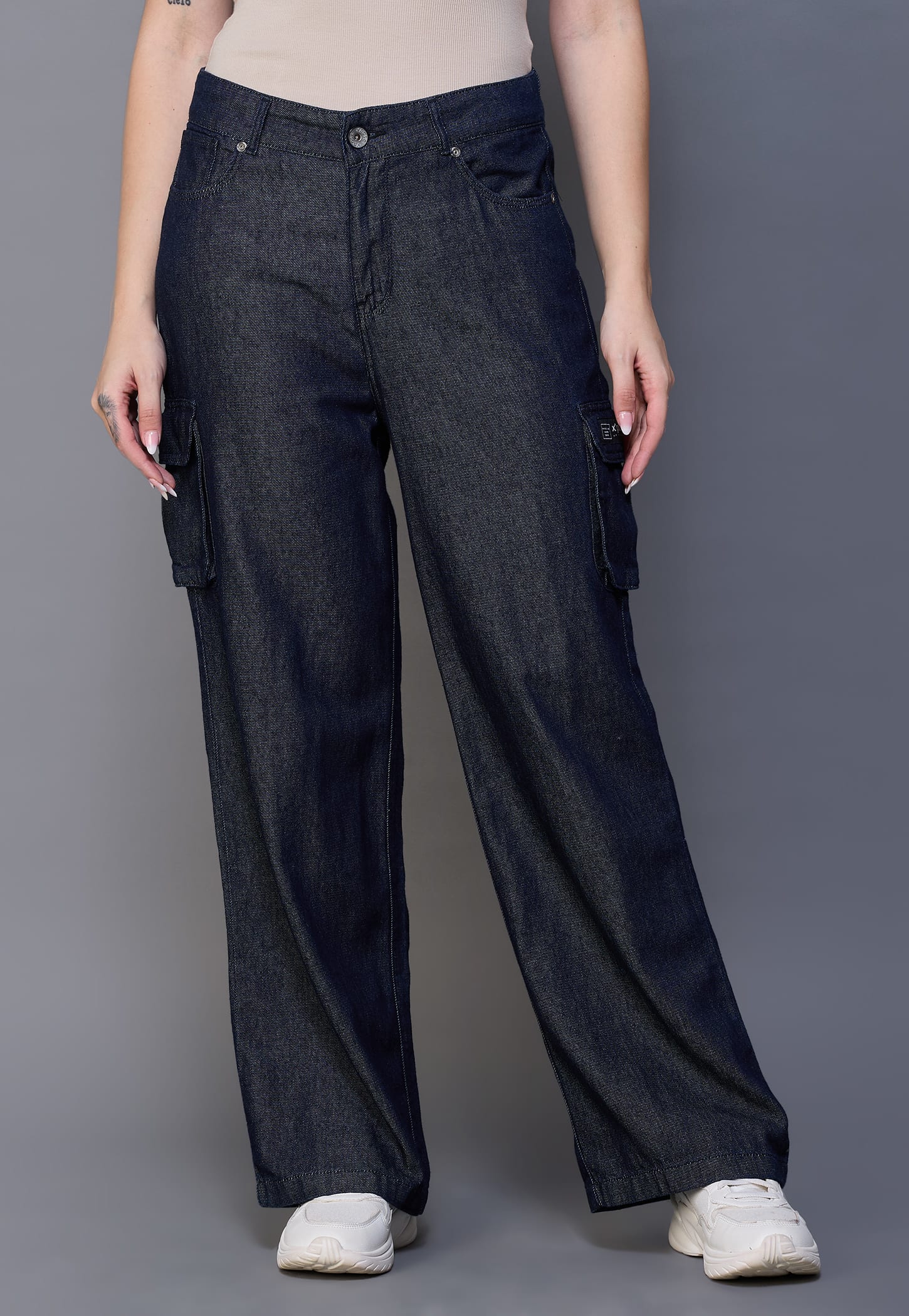 XPOSE Solid Wide Leg Denim Cargos-picture-34