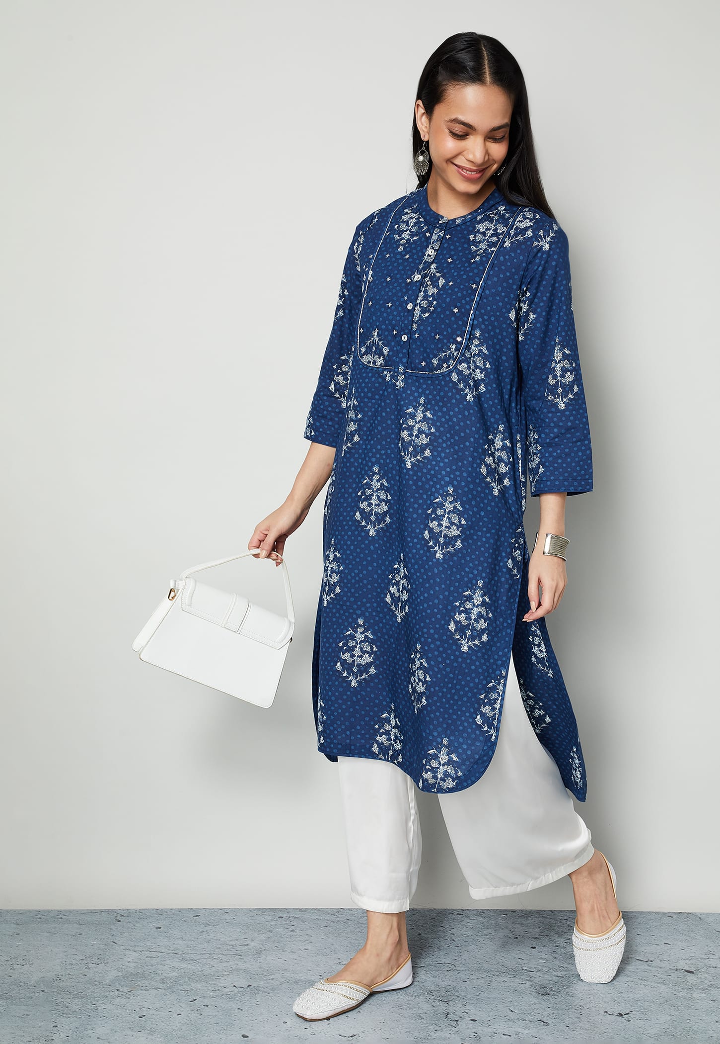 MELANGE Ethnic Motif Band Collar 3/4th Sleeves Straight Kurta-picture-51