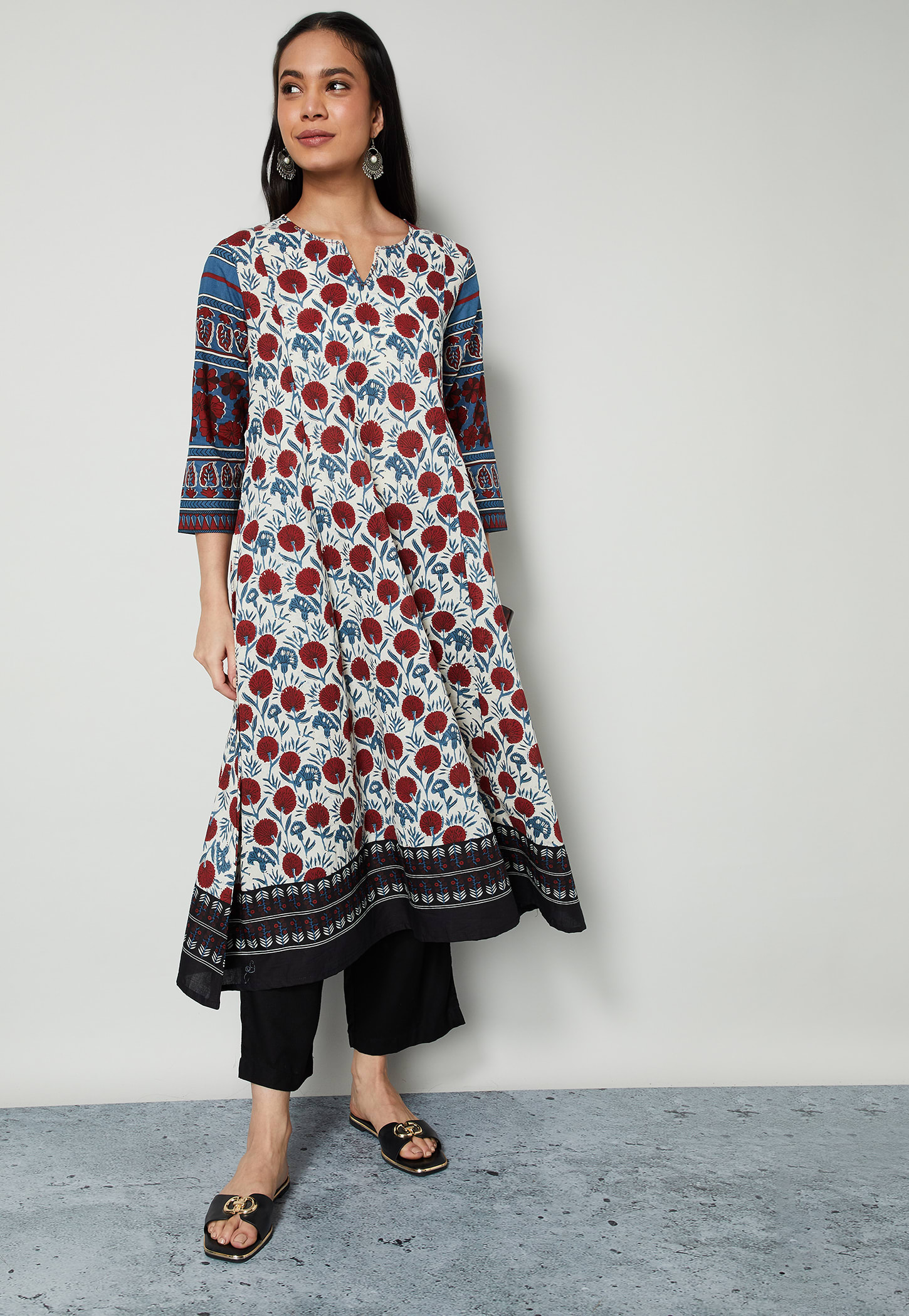 MELANGE Floral Print Notched Neck 3/4th Sleeves Flared Kurta-picture-21