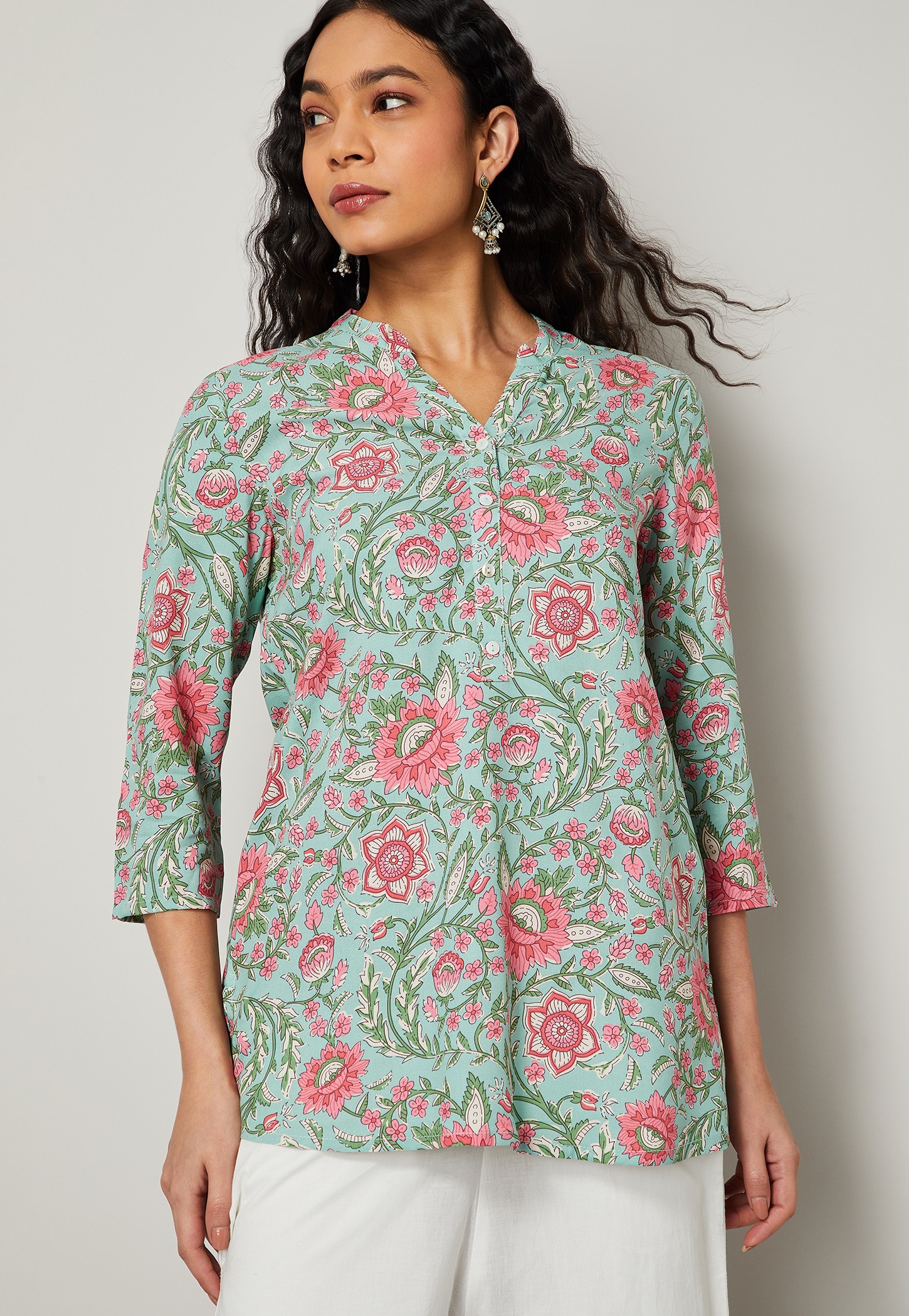 MELANGE Floral Print Band Collar 3/4th Sleeves Straight Kurti-picture-48