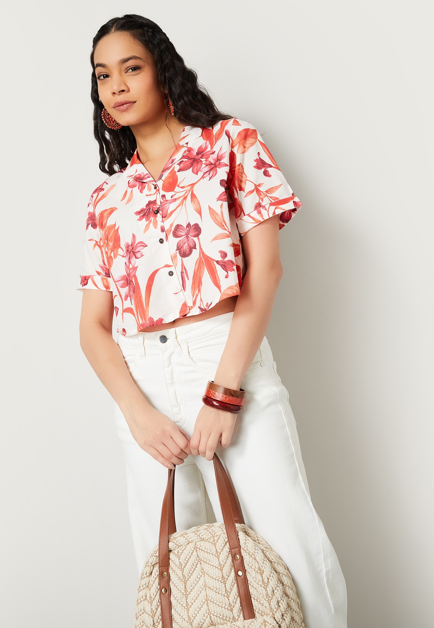 COLOUR ME Floral Printed Cropped Shirt