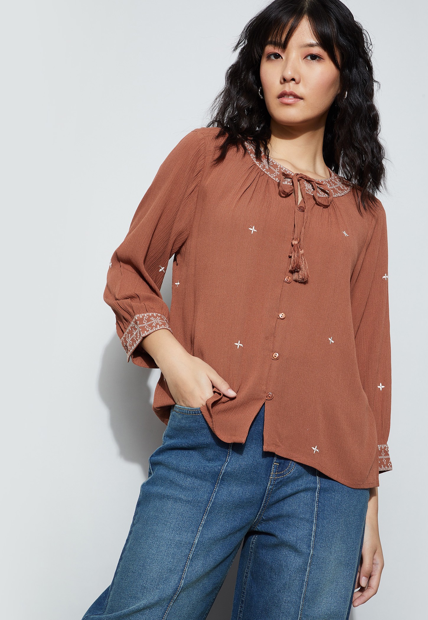 FAME FOREVER Embroidered Tie-Up Neck Top-picture-25