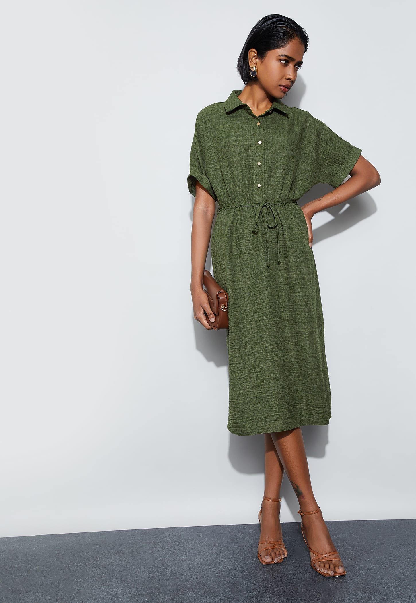 CODE Solid Button Down Midi Dress-image-13