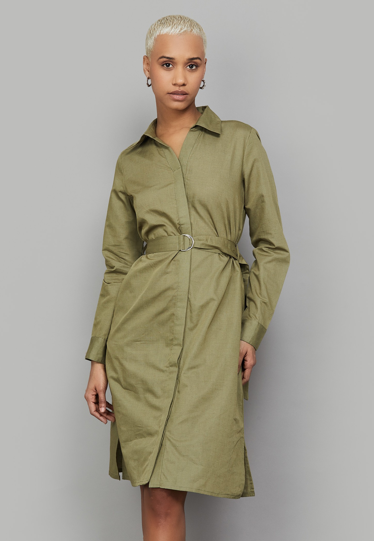 ALLEN SOLLY Solid Shirt Dress with Belt-picture-12