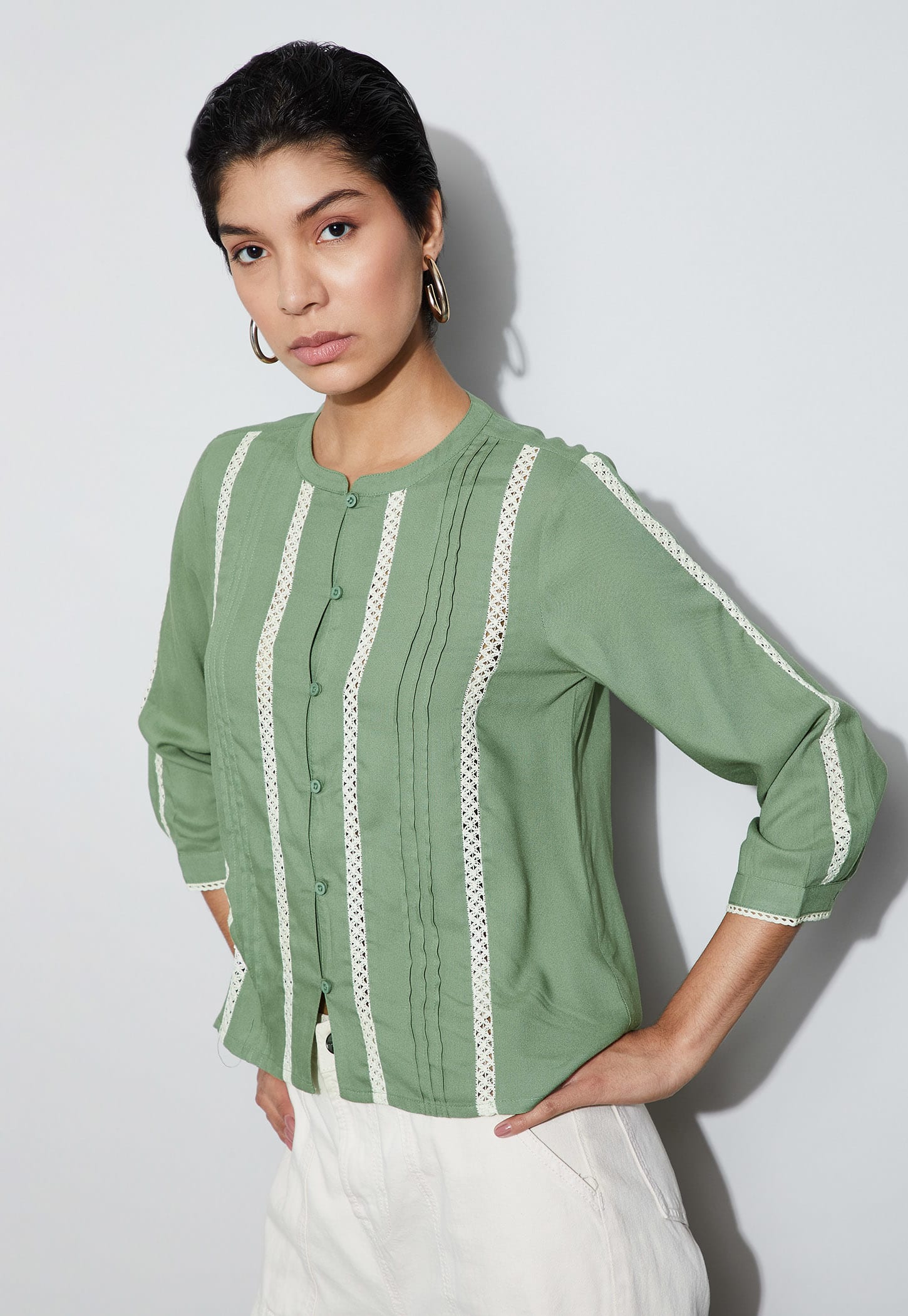 FAME FOREVER Lace Insert Button Front Top-picture-16