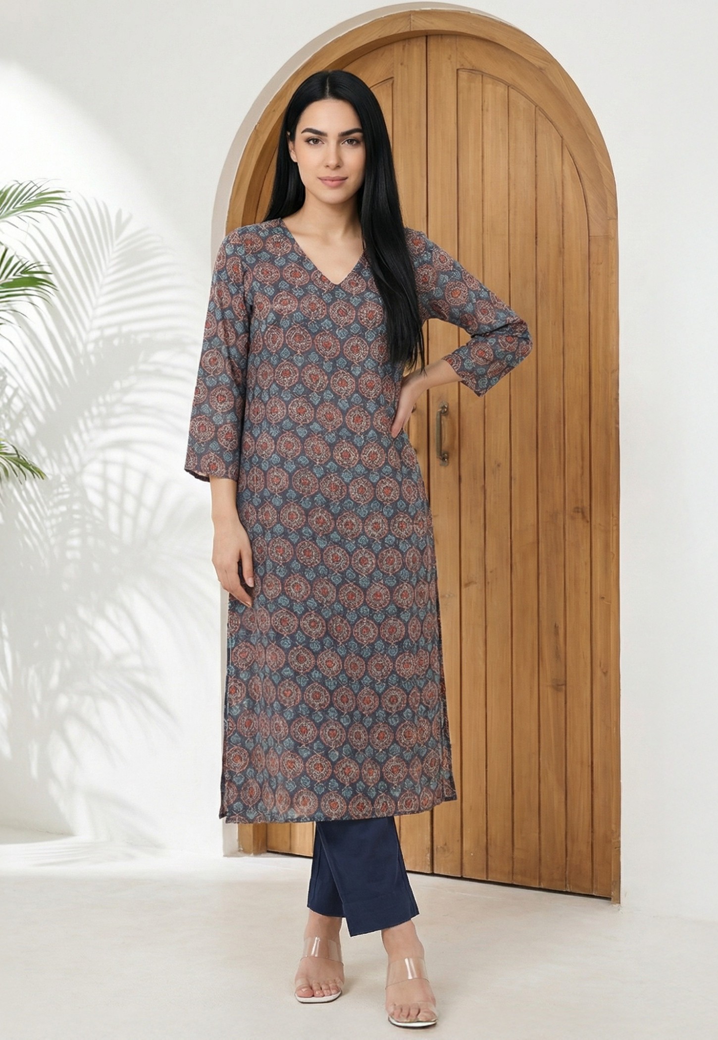W Ethnic Motif Straight V-Neck Kurta-picture-21
