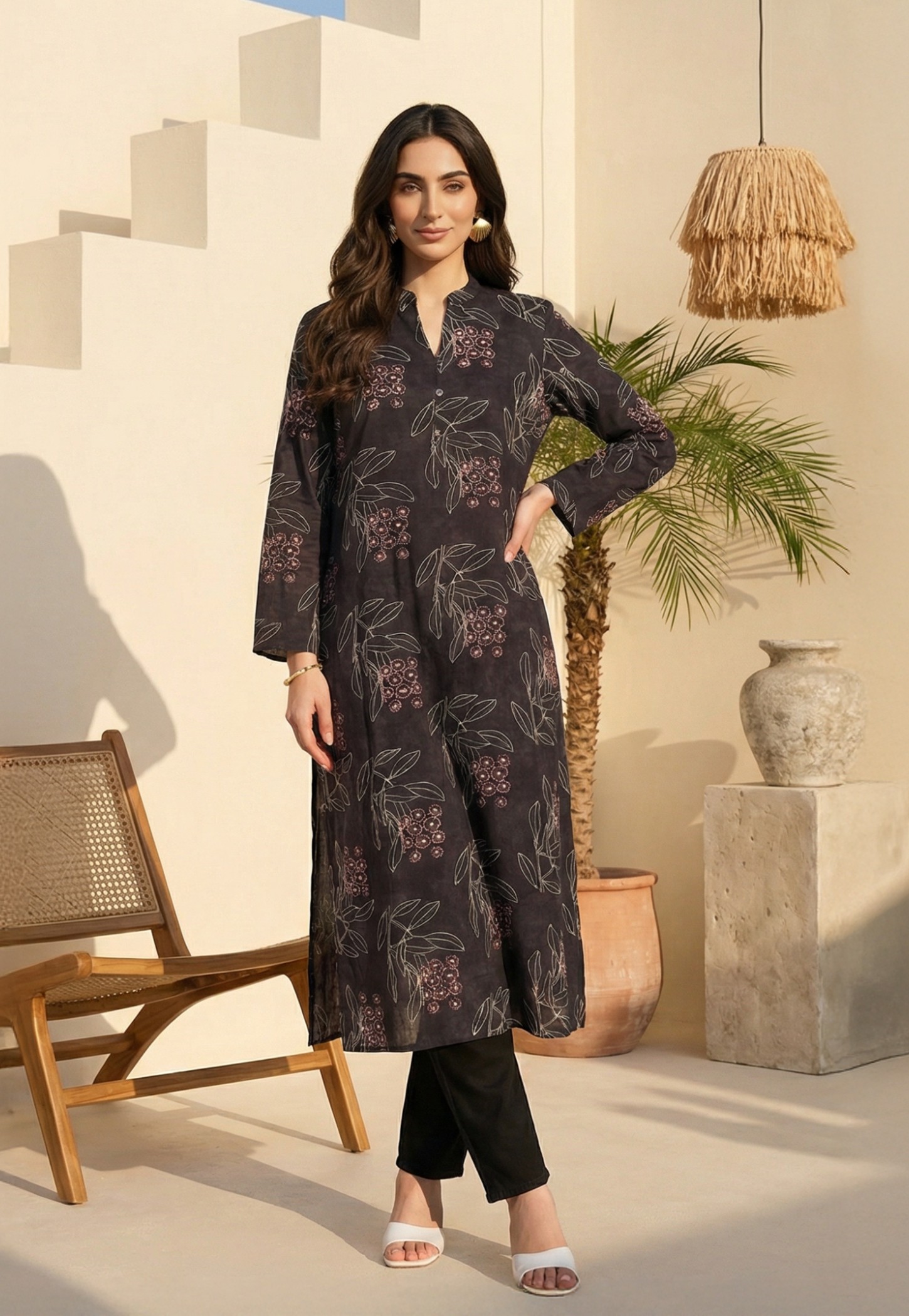 W Floral Print Straight Band Collar Kurta-image-26