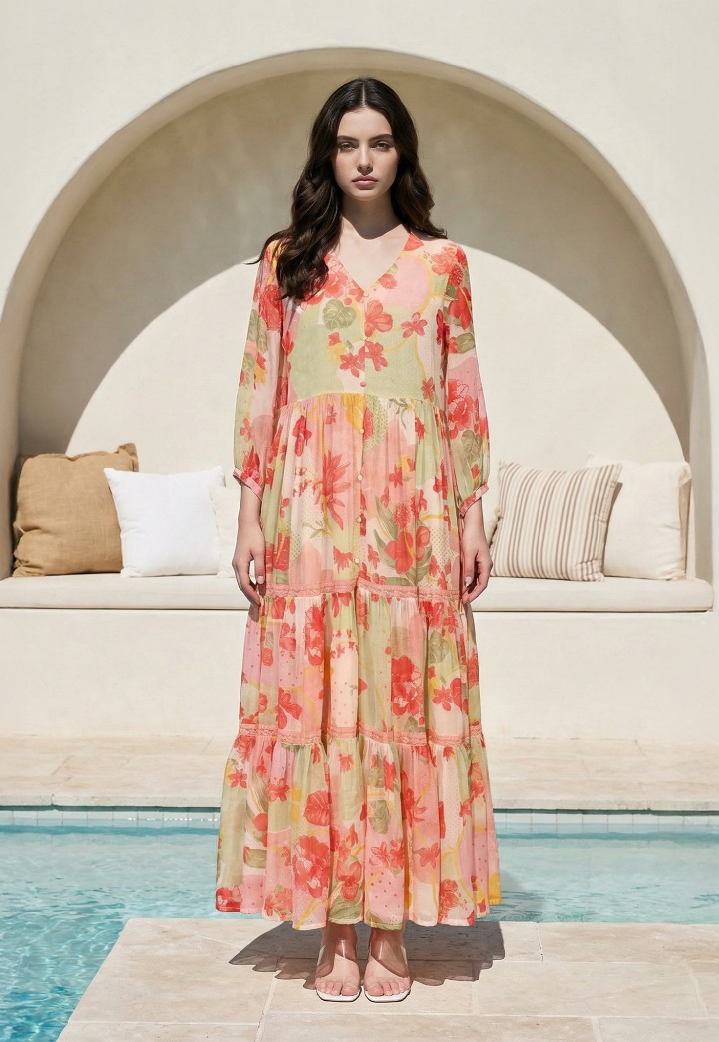 W Floral Print Tiered Maxi Dress-image-26