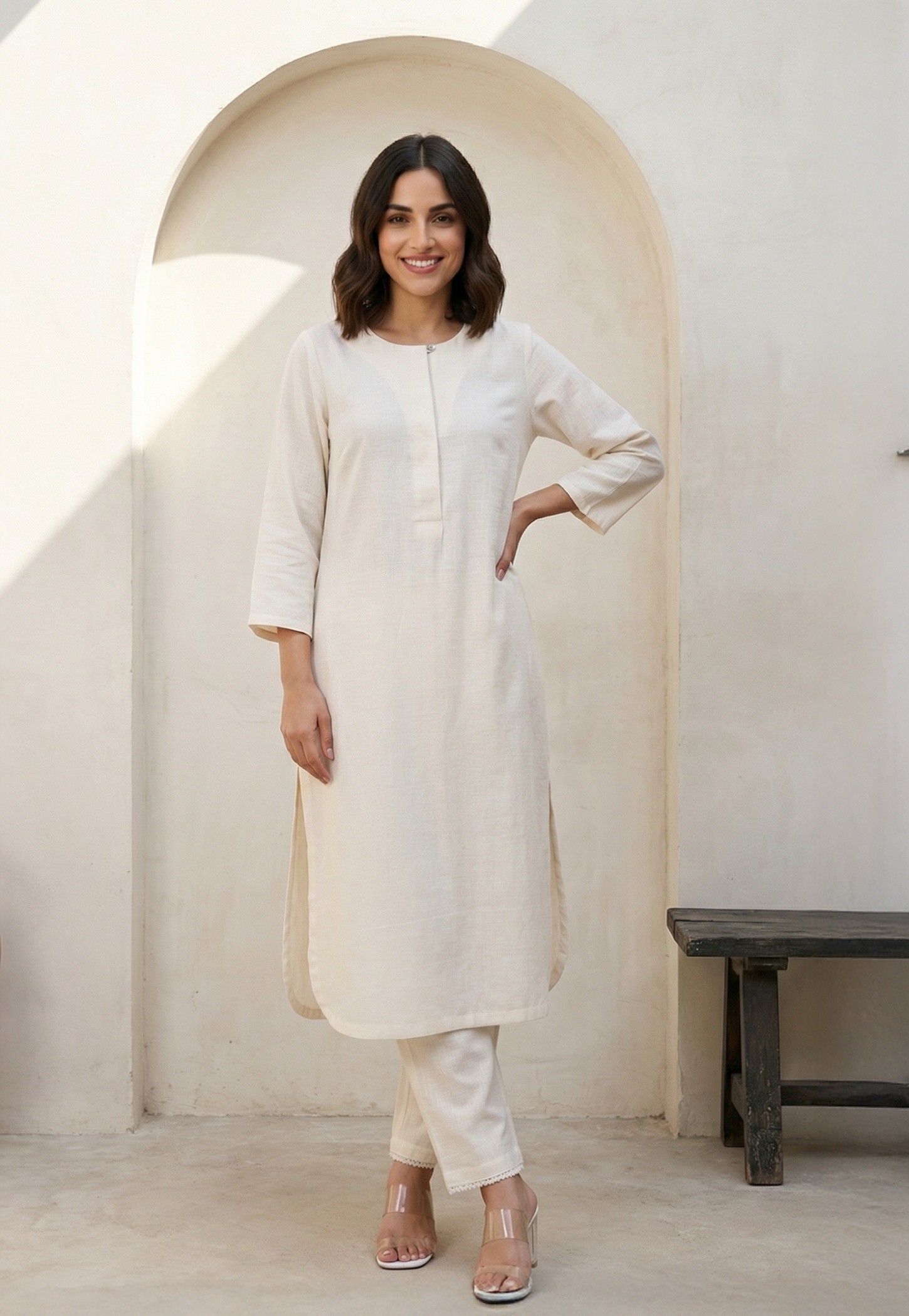 W Solid Straight Kurta with Round Neck and 3/4th Sleeves-picture-10