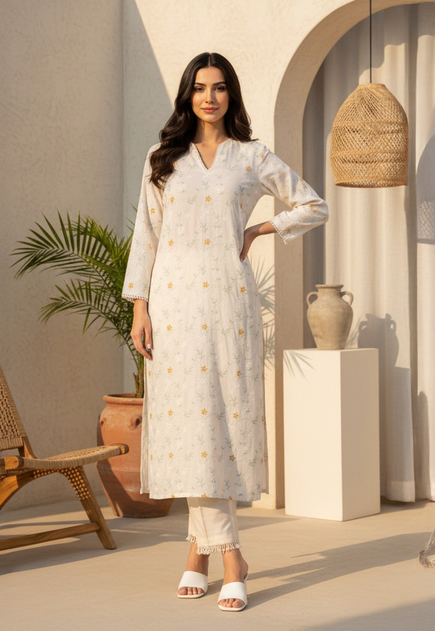 W Floral Print V-Neck Straight Kurta-image-41
