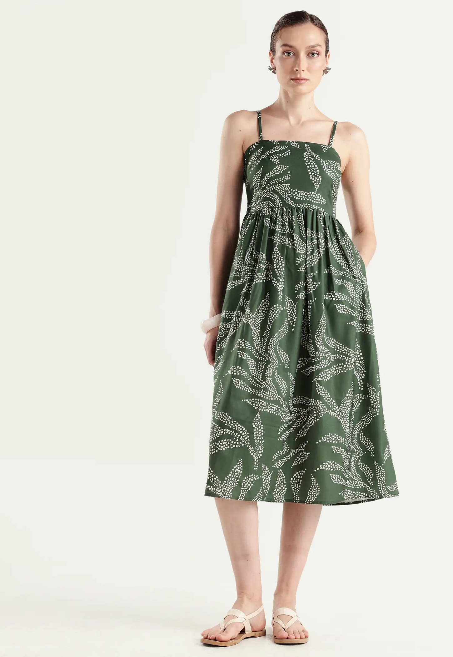 RAREISM Floral Print Spaghetti Neck A-line Midi Dress-picture-42