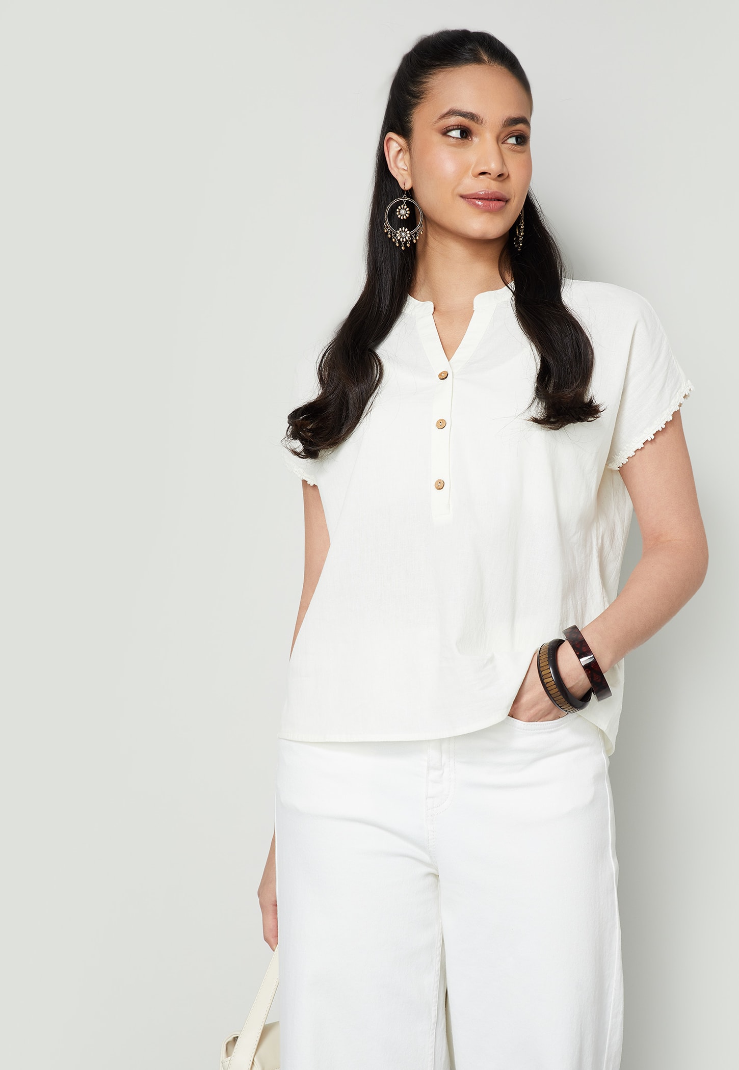 COLOUR ME BY MELANGE Solid Mandarin Collar Top-picture-19