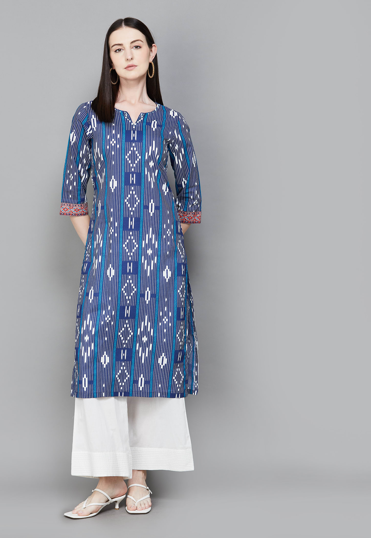 BIBA Ethnic Motif Notched Neck 3/4th Sleeves Straight Kurta-image-48