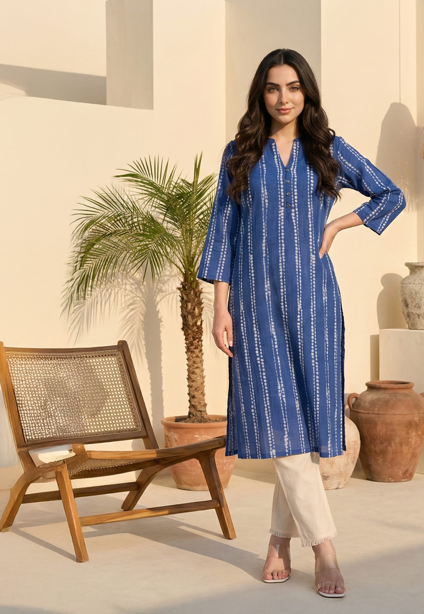 W Tie & Dye Straight Kurta with V-Neck and 3/4th Sleeves-image-16