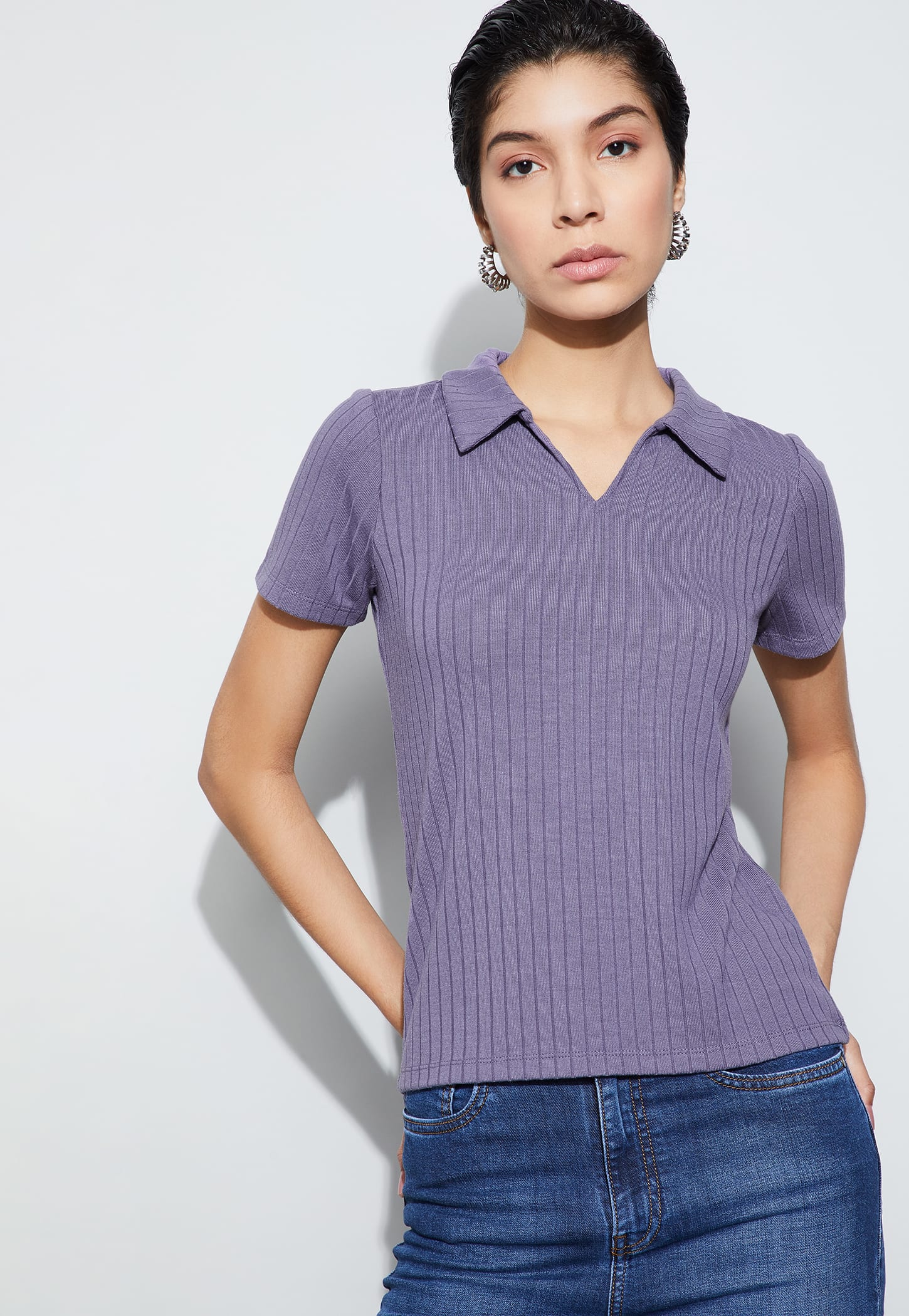 FAME FOREVER Ribbed Polo Collar T-shirt