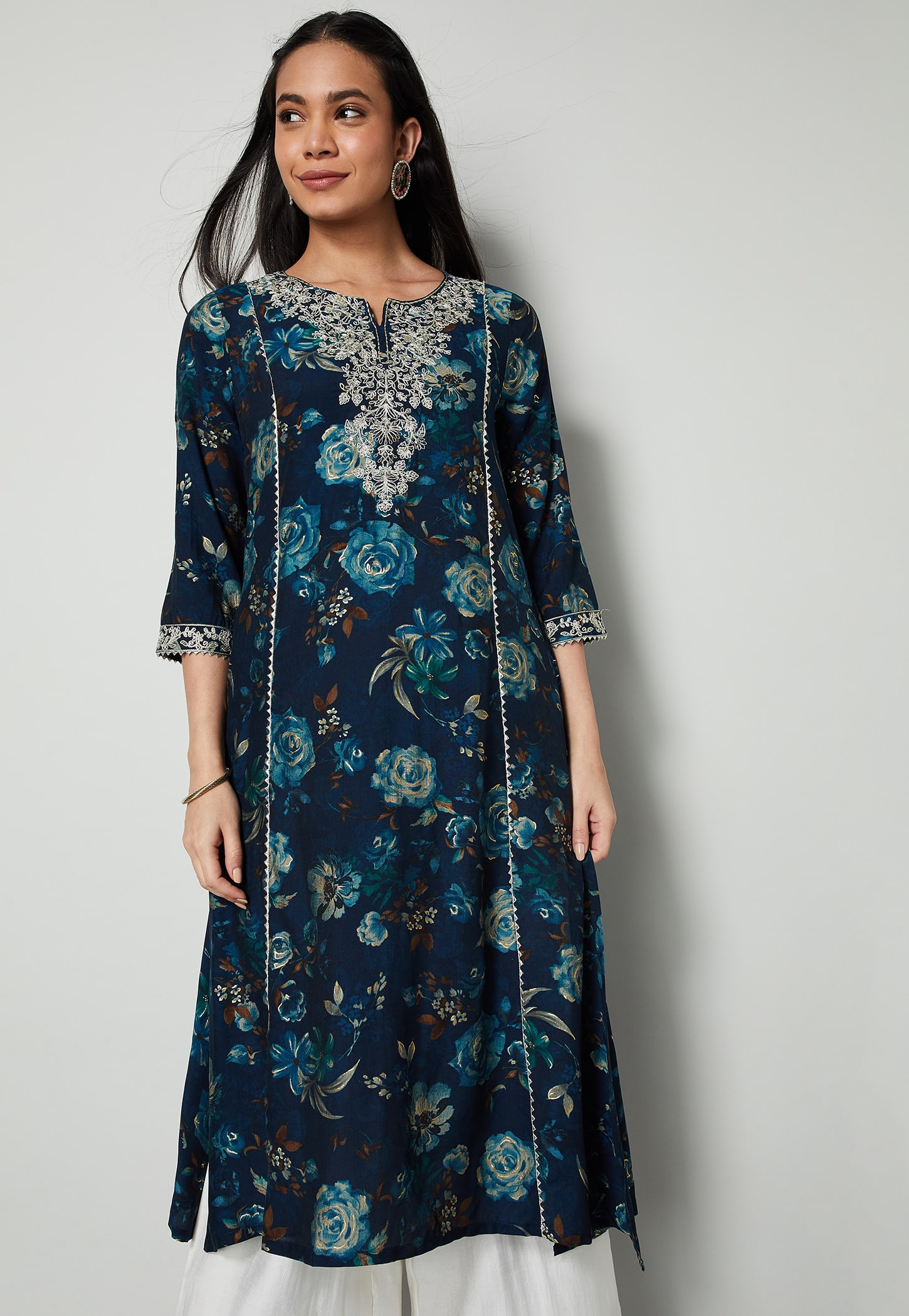 MELANGE Floral Embroidered Calf Length Straight Kurta-image-1