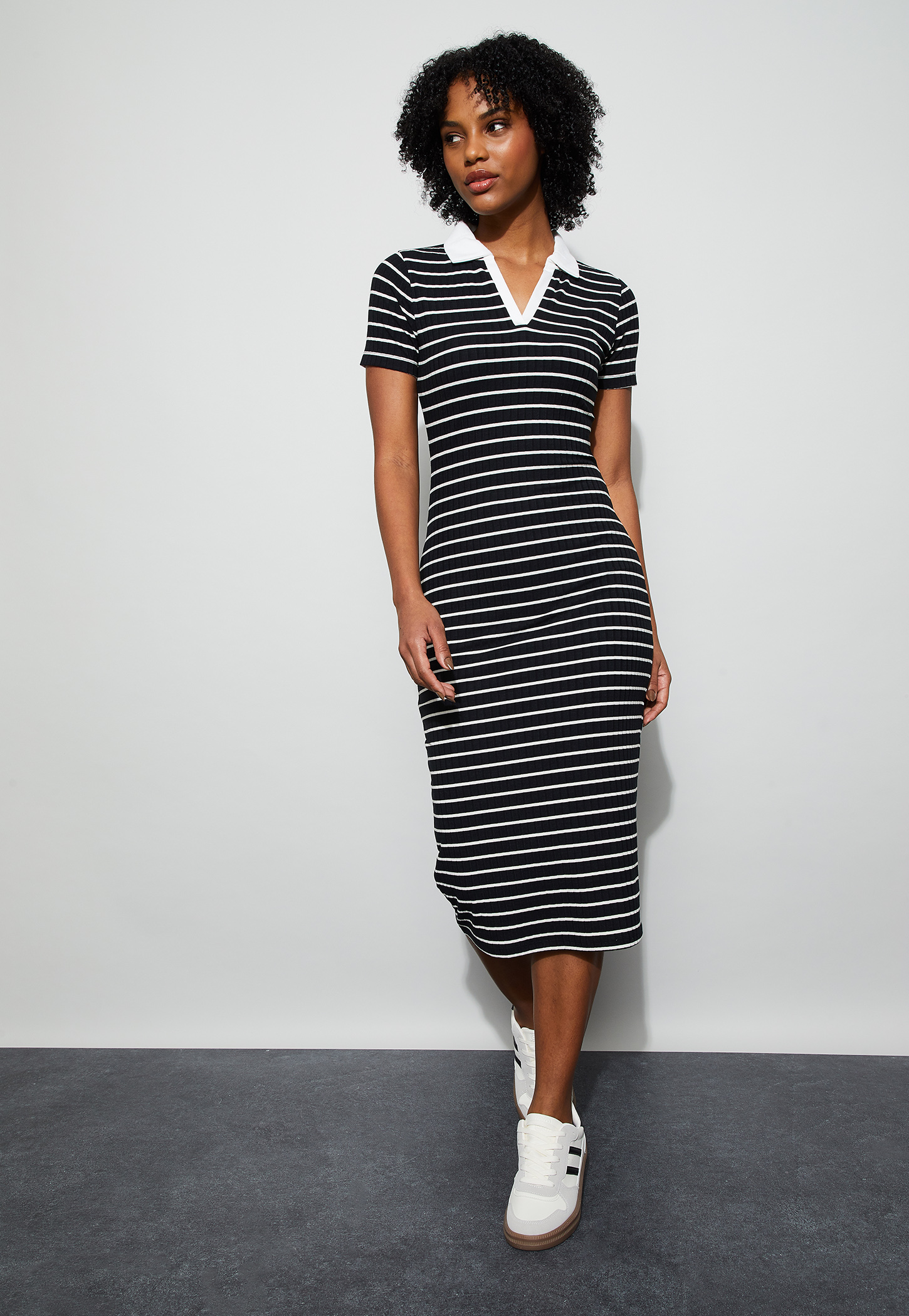 GINGER Ribbed Polo Collared T-shirt Dress-image-3