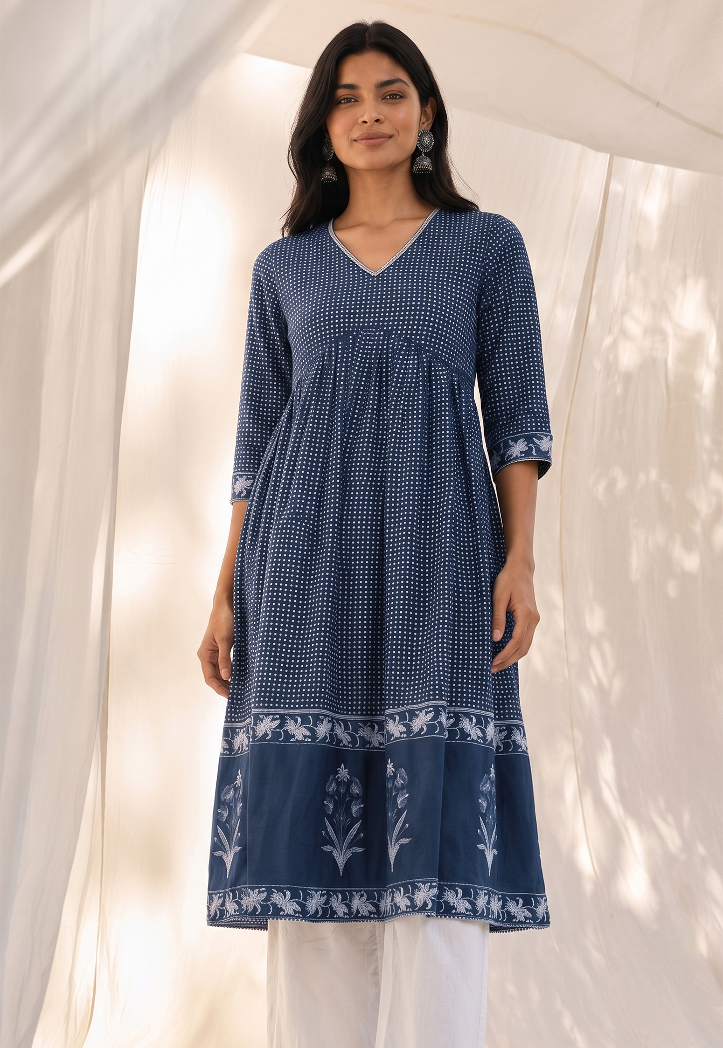 MELANGE Printed V-Neck 3/4th Sleeves Flared Kurta-image-11
