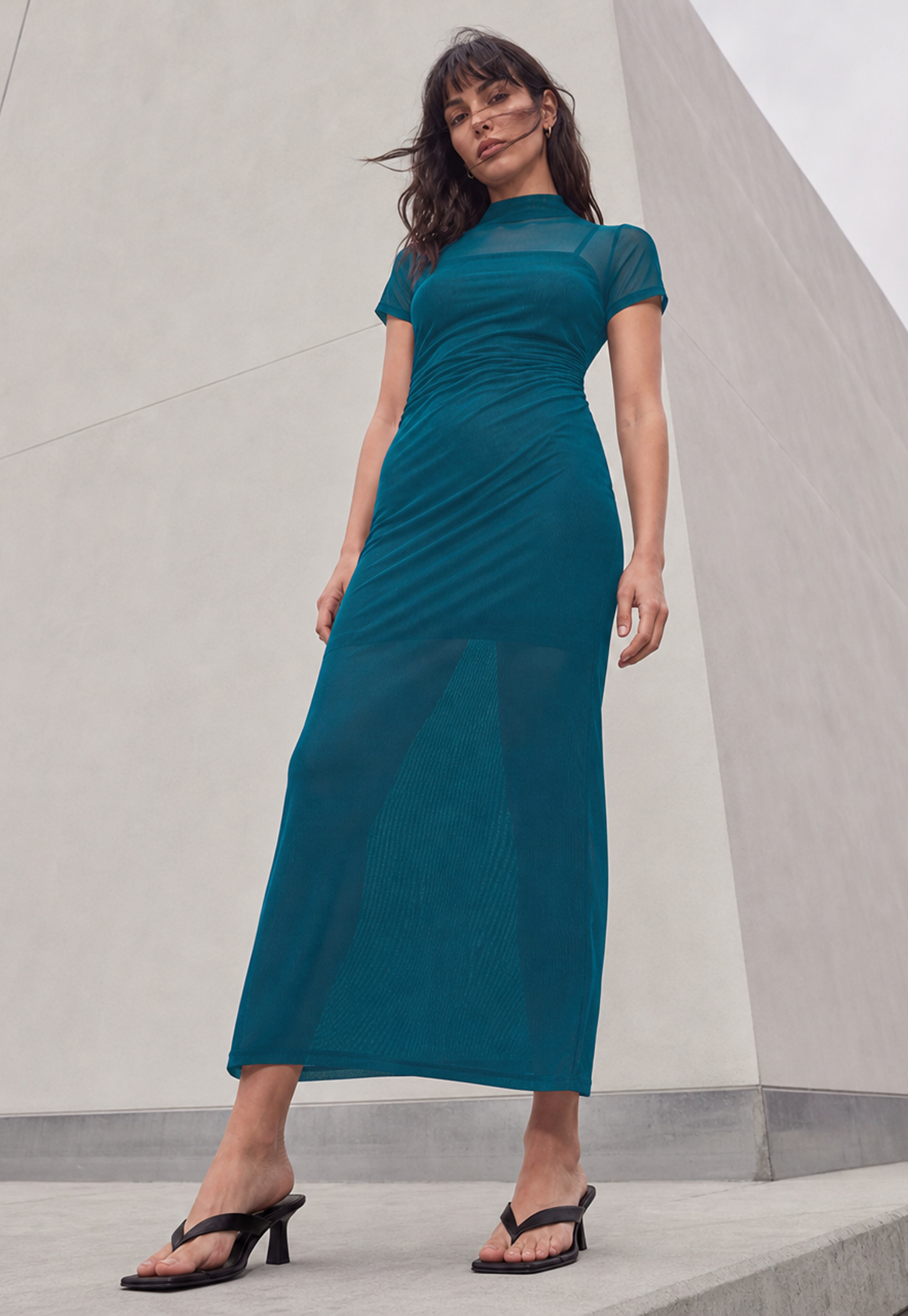 GINGER Ruched Mesh Panel Midi Dress-image-13