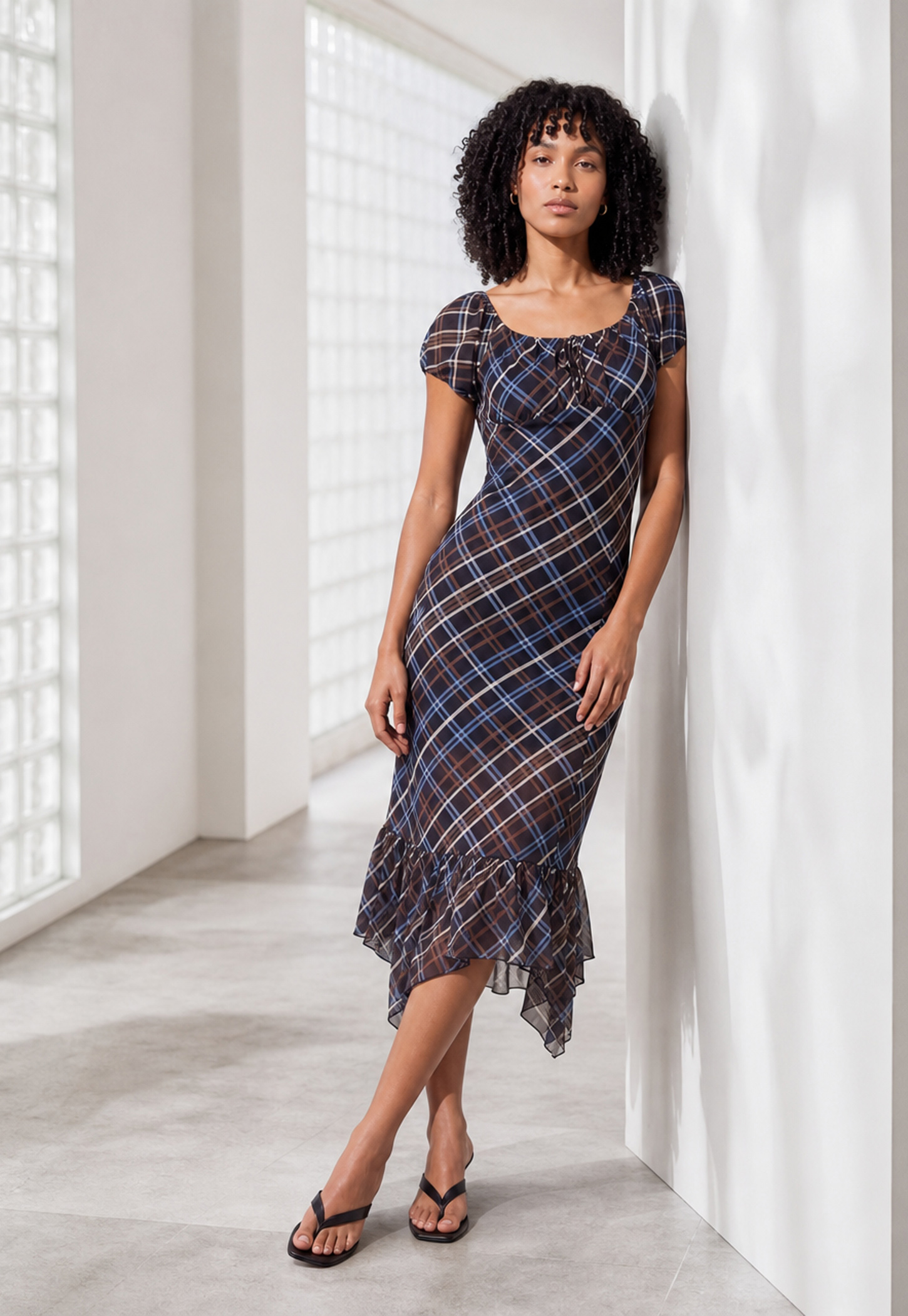 GINGER Checked Midi Dress with Ruffled Hem-picture-39
