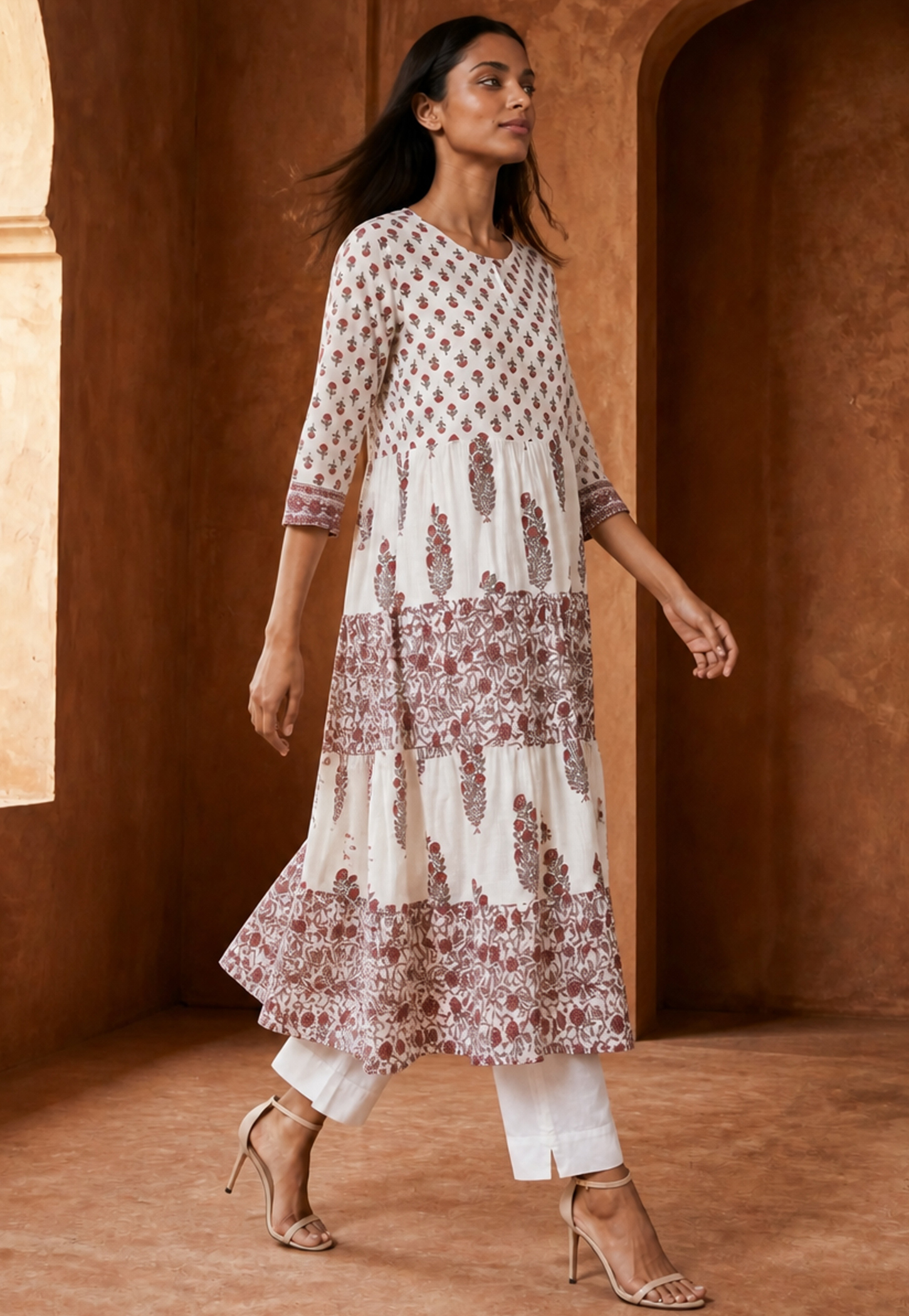 MELANGE Floral Print Round Neck Flared Kurta-image-3