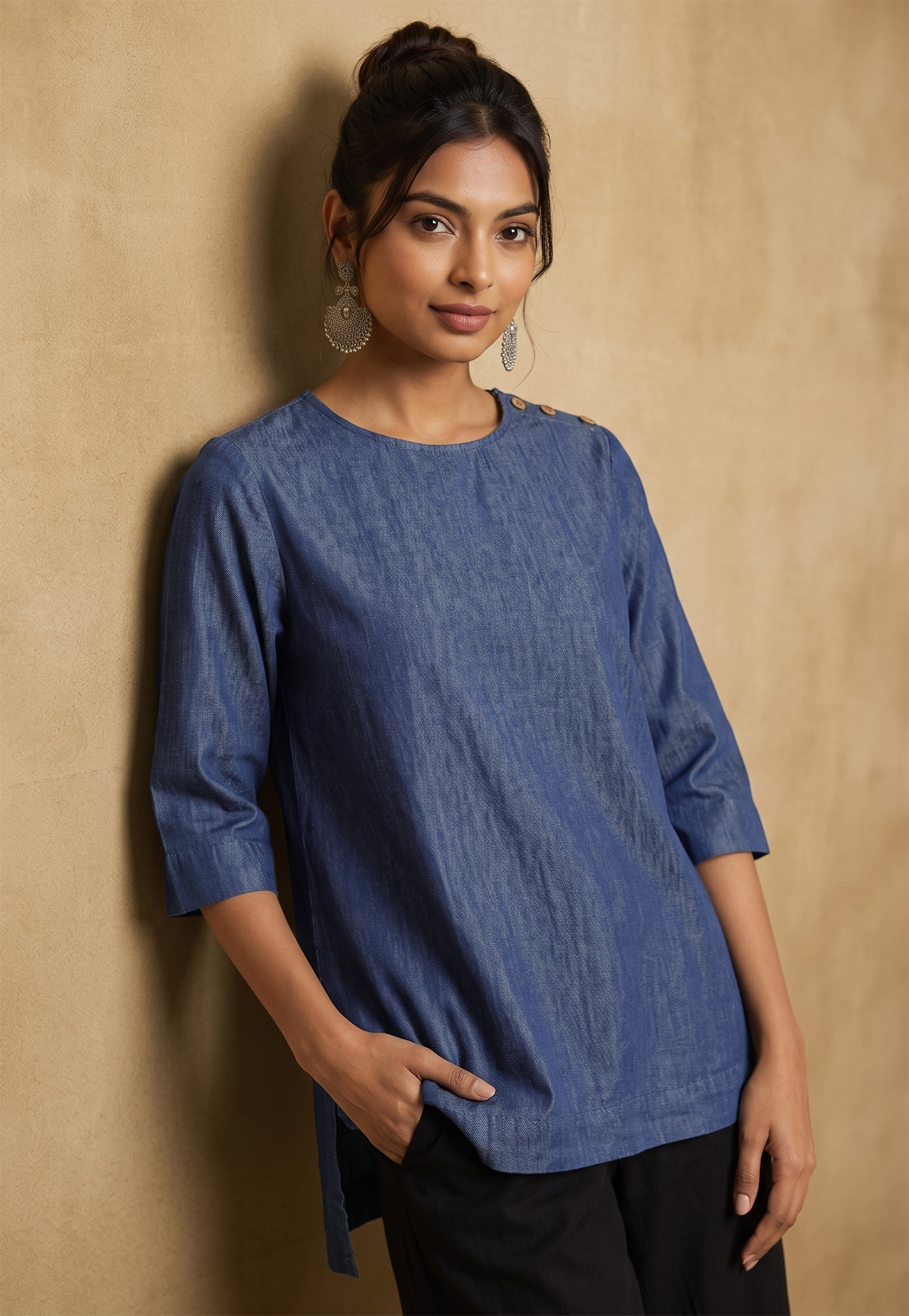 MELANGE Solid Button Detailed Top-image-38