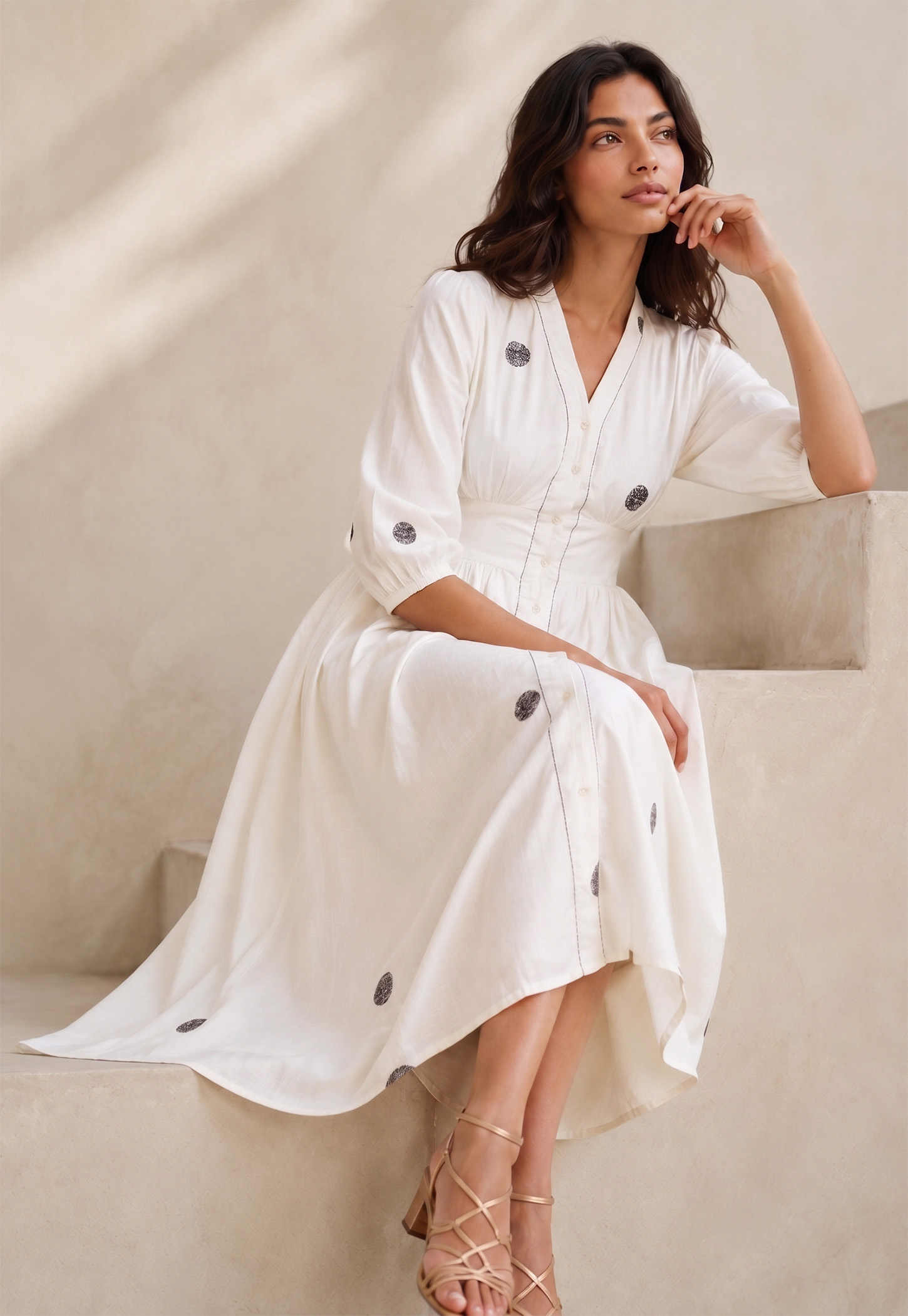 COLOUR ME BY MELANGE Embroidered V-Neck Midi Dress-image-24