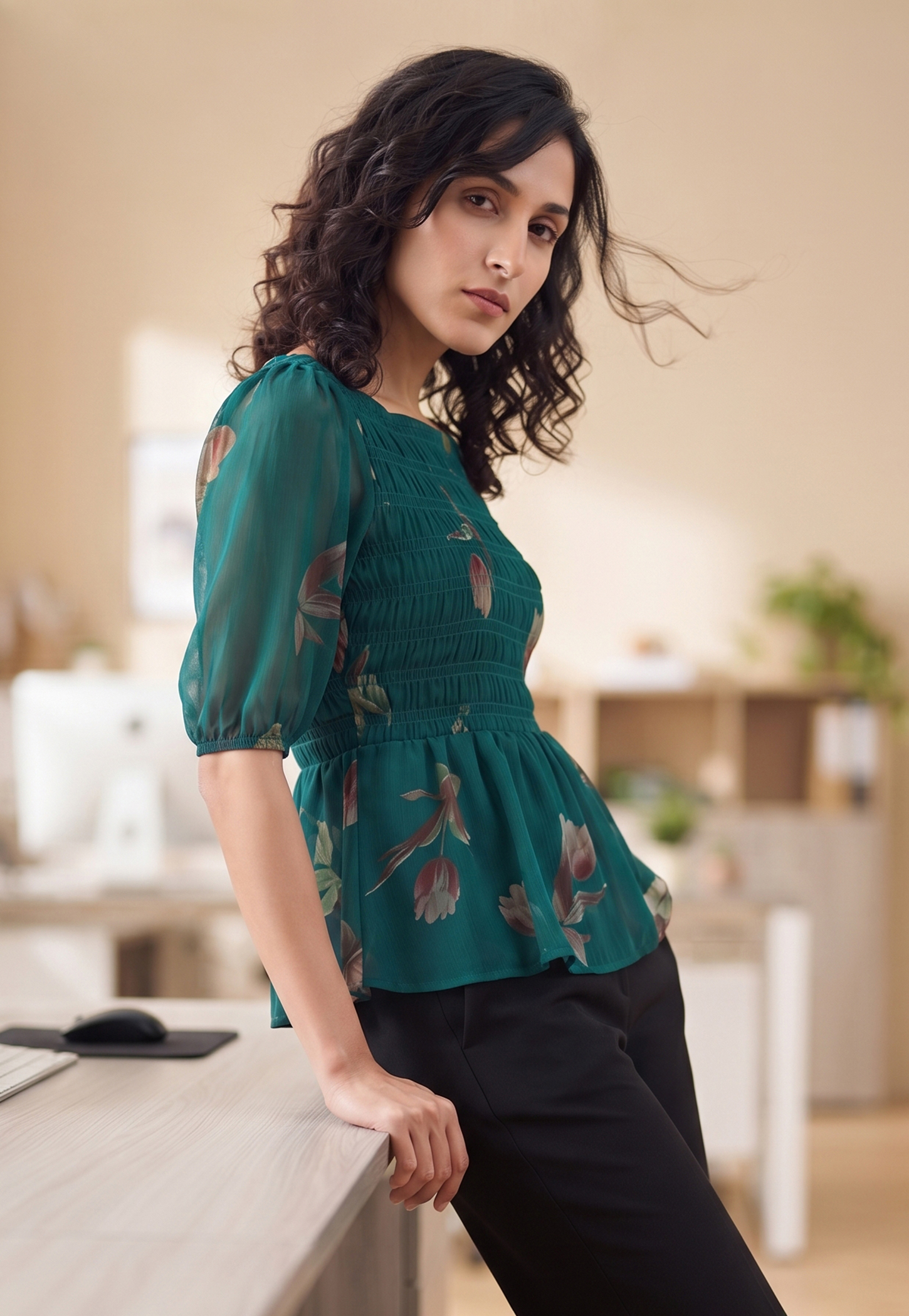 CODE Floral Print Smocked Top-picture-23