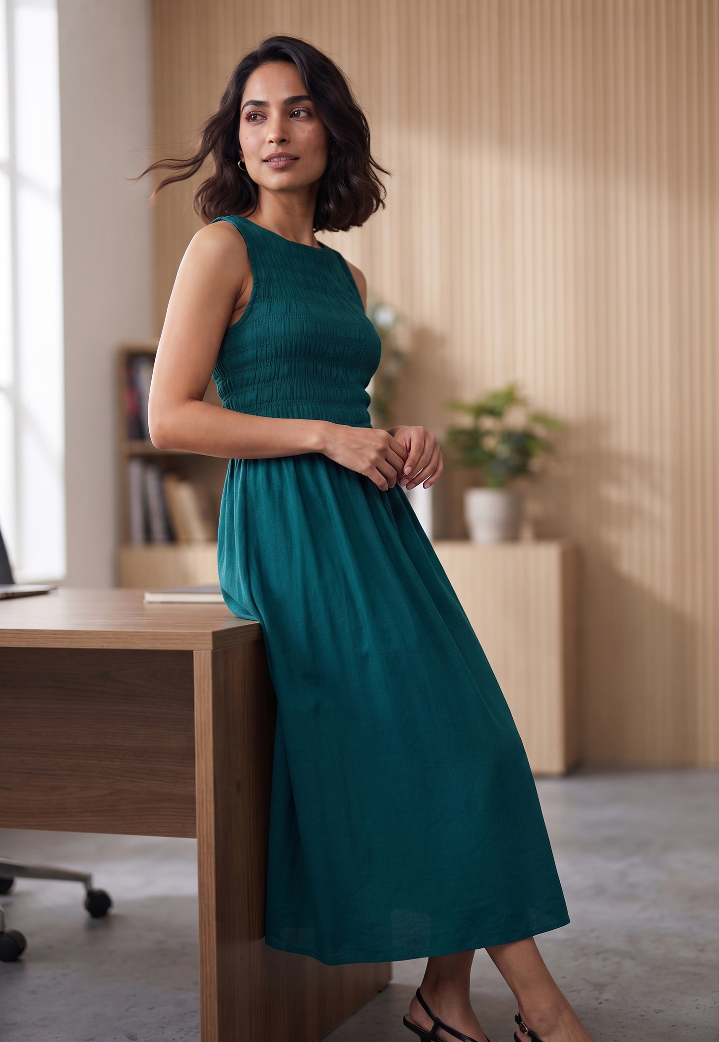 CODE Solid Smocked Midi Dress-picture-17