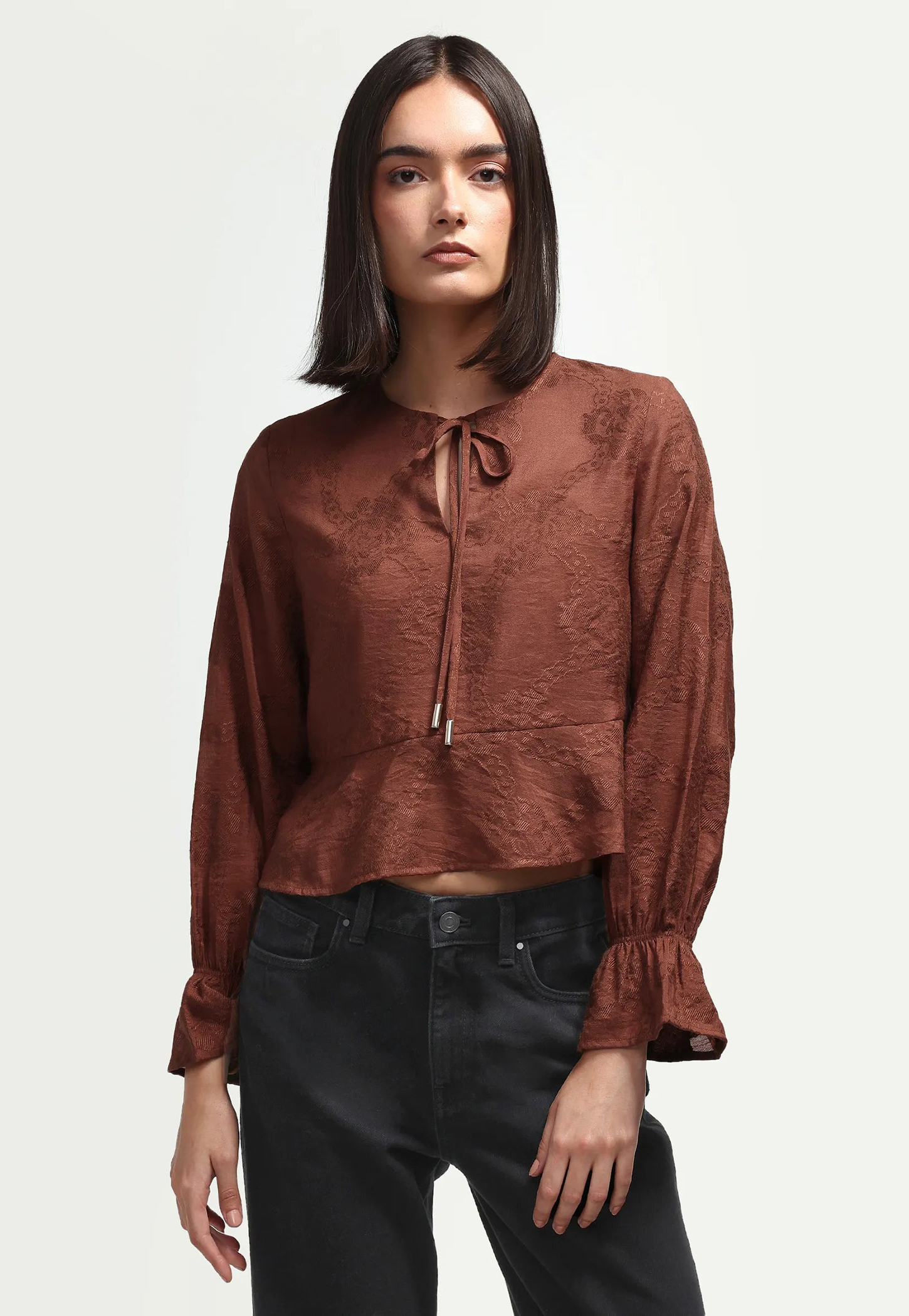 RAREISM Self Design Tie-Up Neck Sheer Top-picture-17