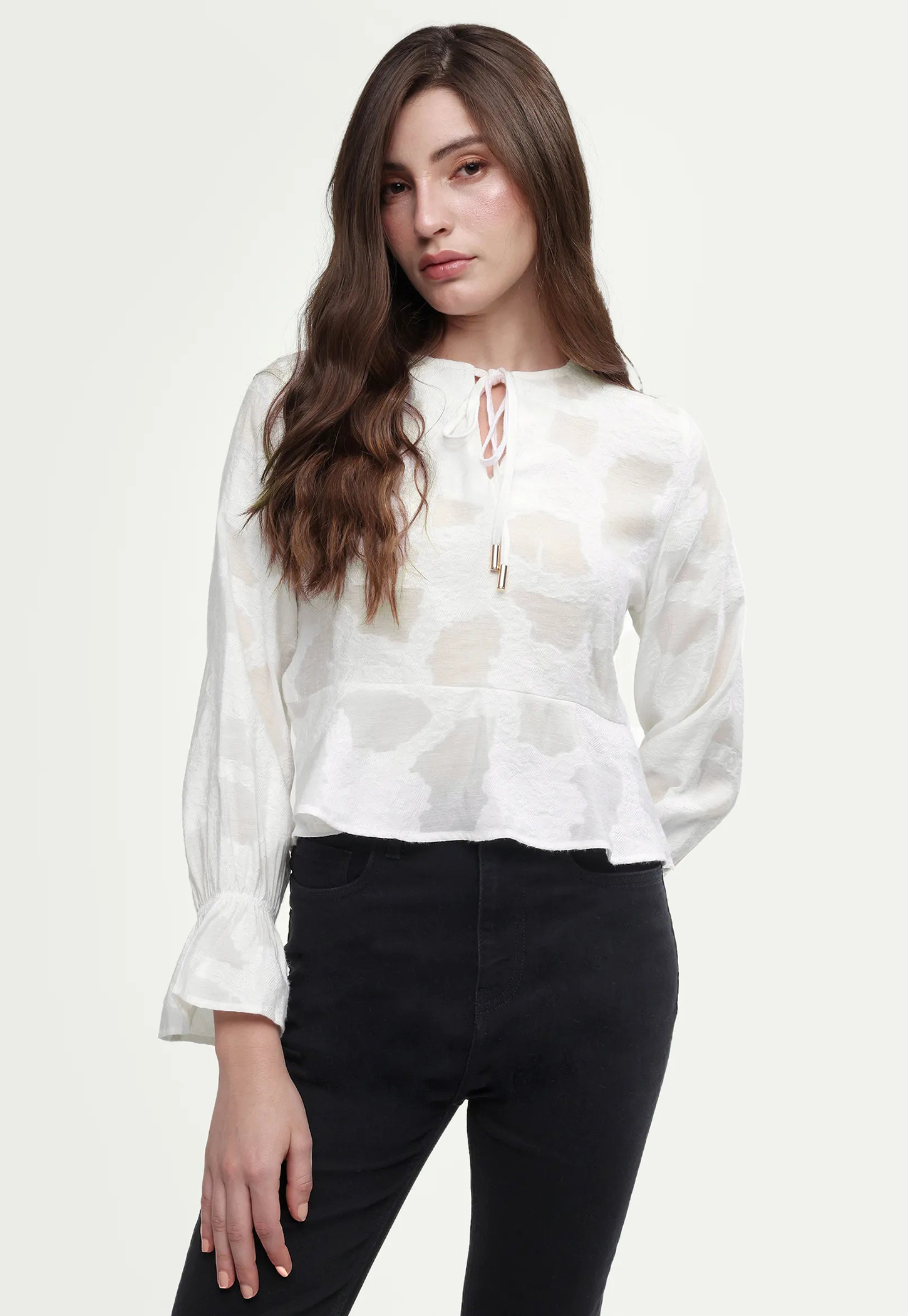 RAREISM Self Design Tie-Up Neck Sheer Top-picture-53