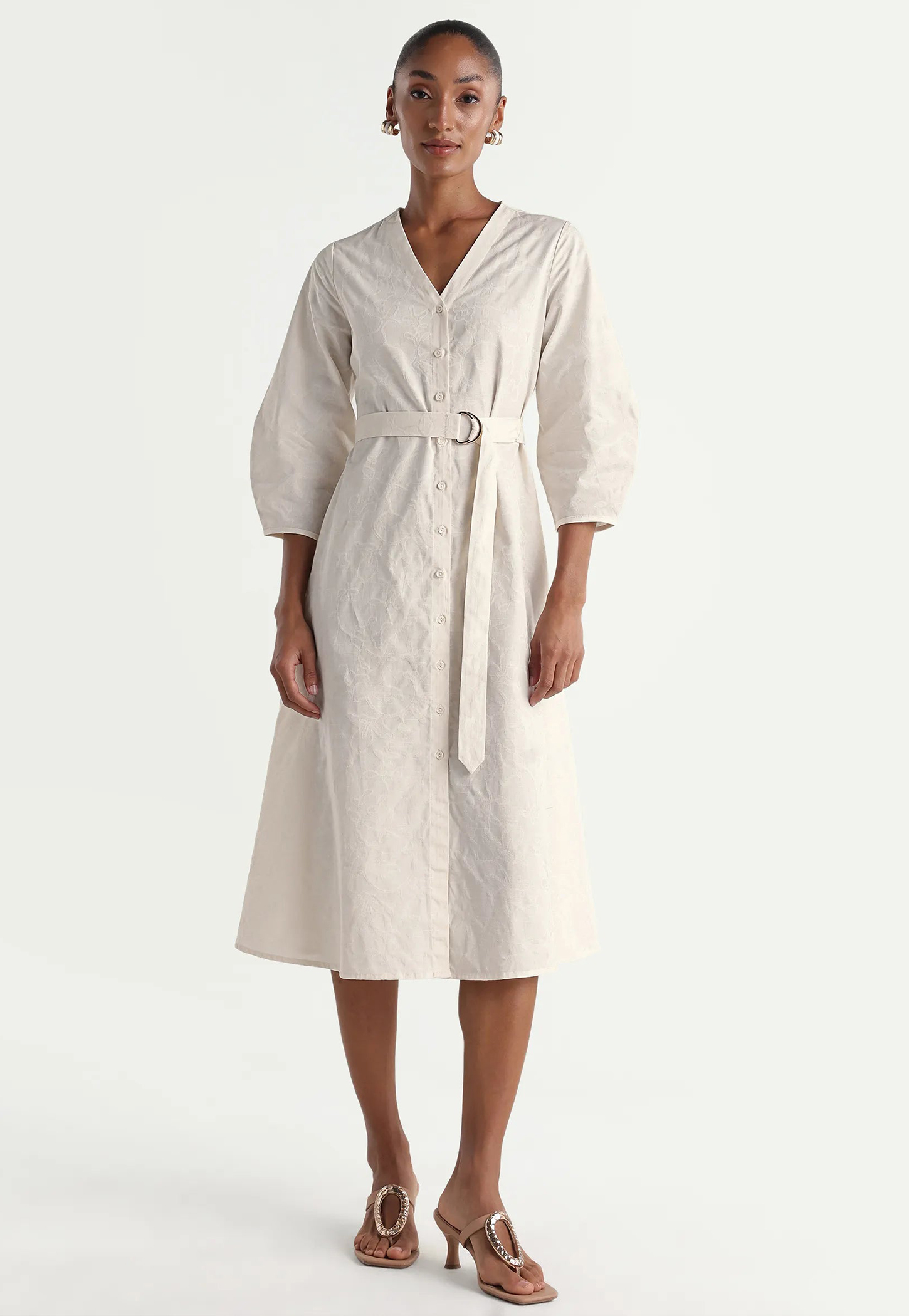 RAREISM Buttoned Belted A-line Midi Dress-image-25