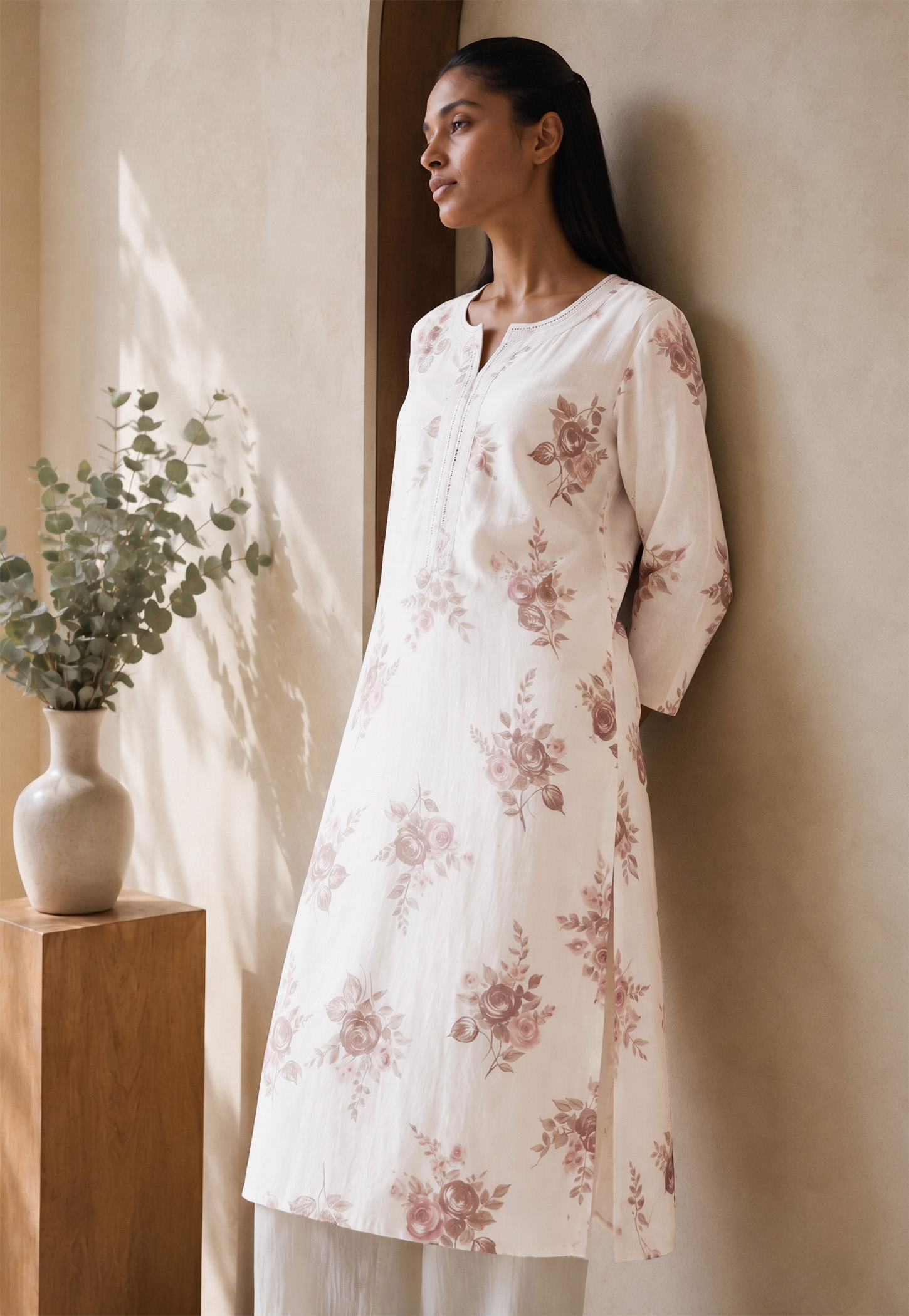 MELANGE Floral Print Notched Neck 3/4th Sleeves Straight Kurta-picture-28