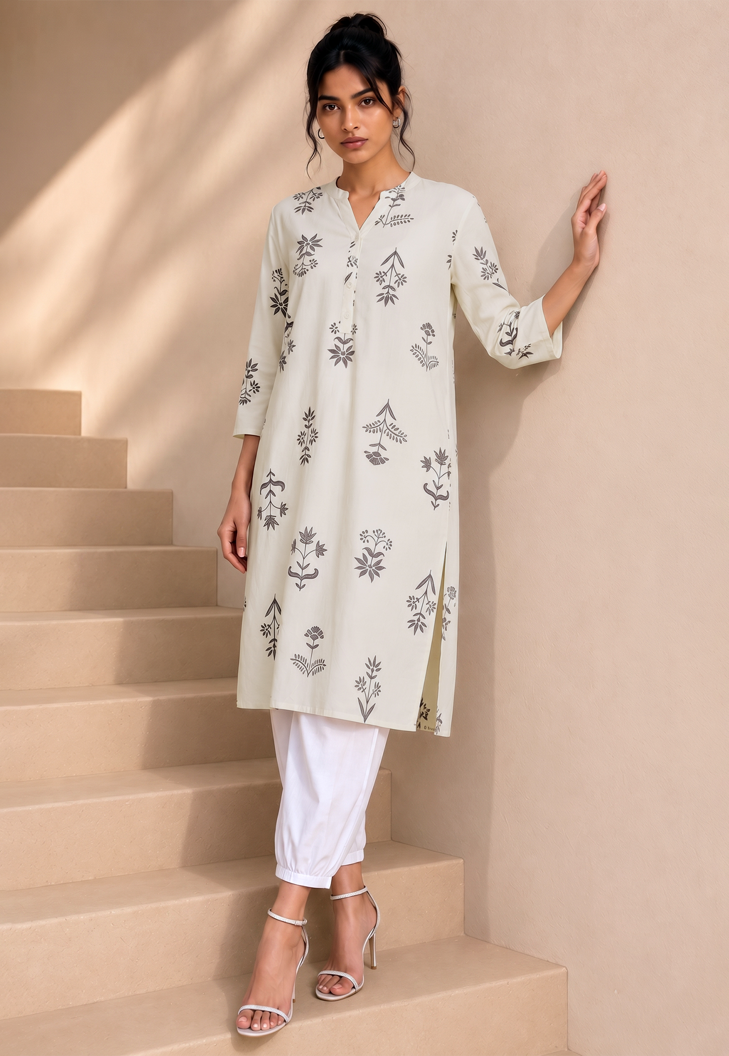 MELANGE Floral Print Band Collar Straight Kurta-picture-14
