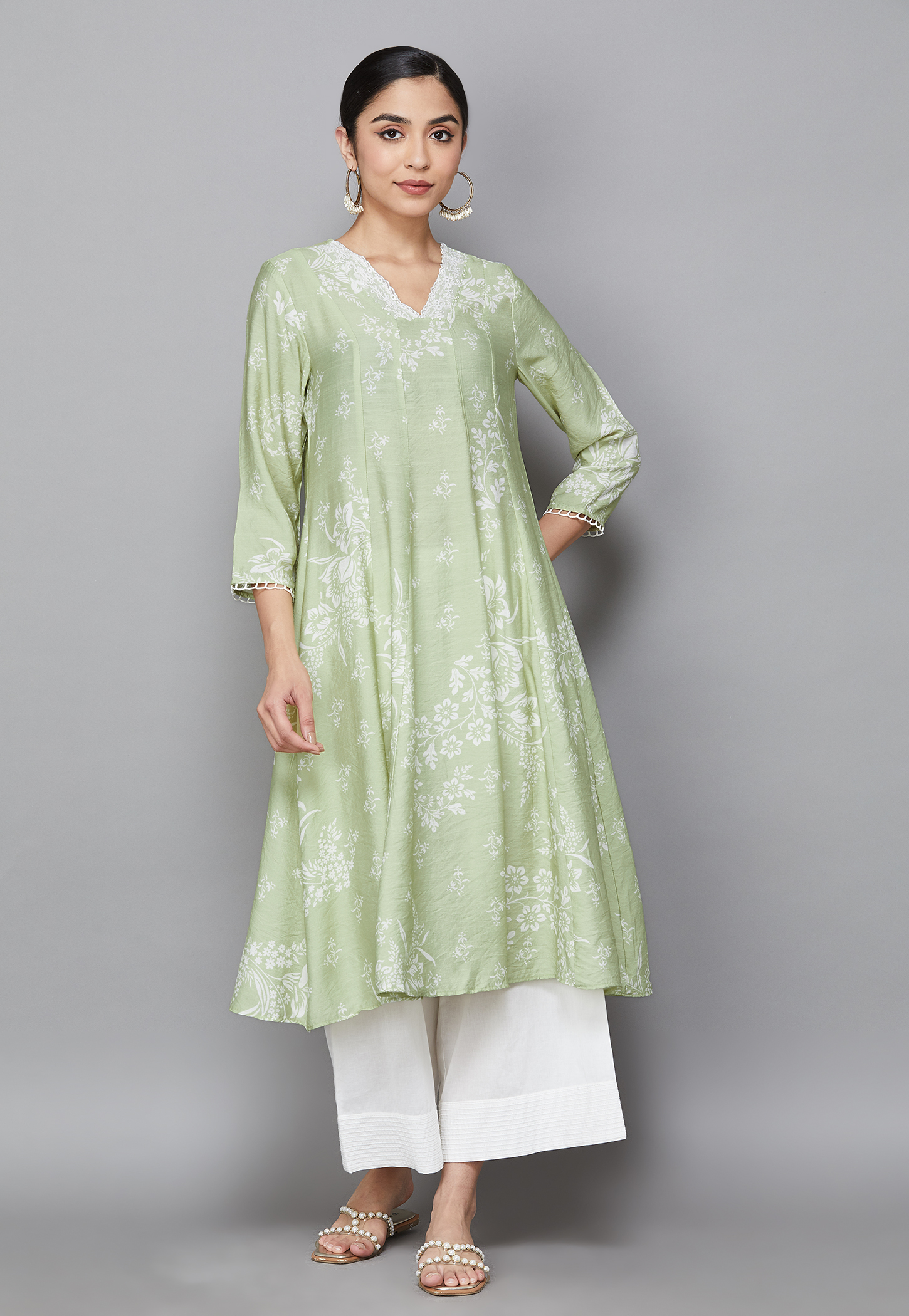 W Floral Print V-Neck 3/4th Sleeves Anarkali Kurta-image-39
