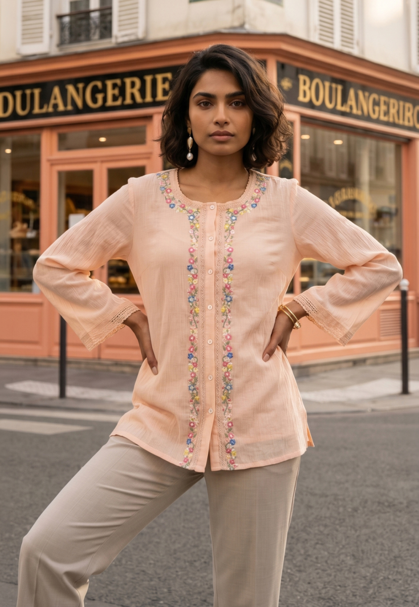 W Embroidered Button-Down Top-picture-47