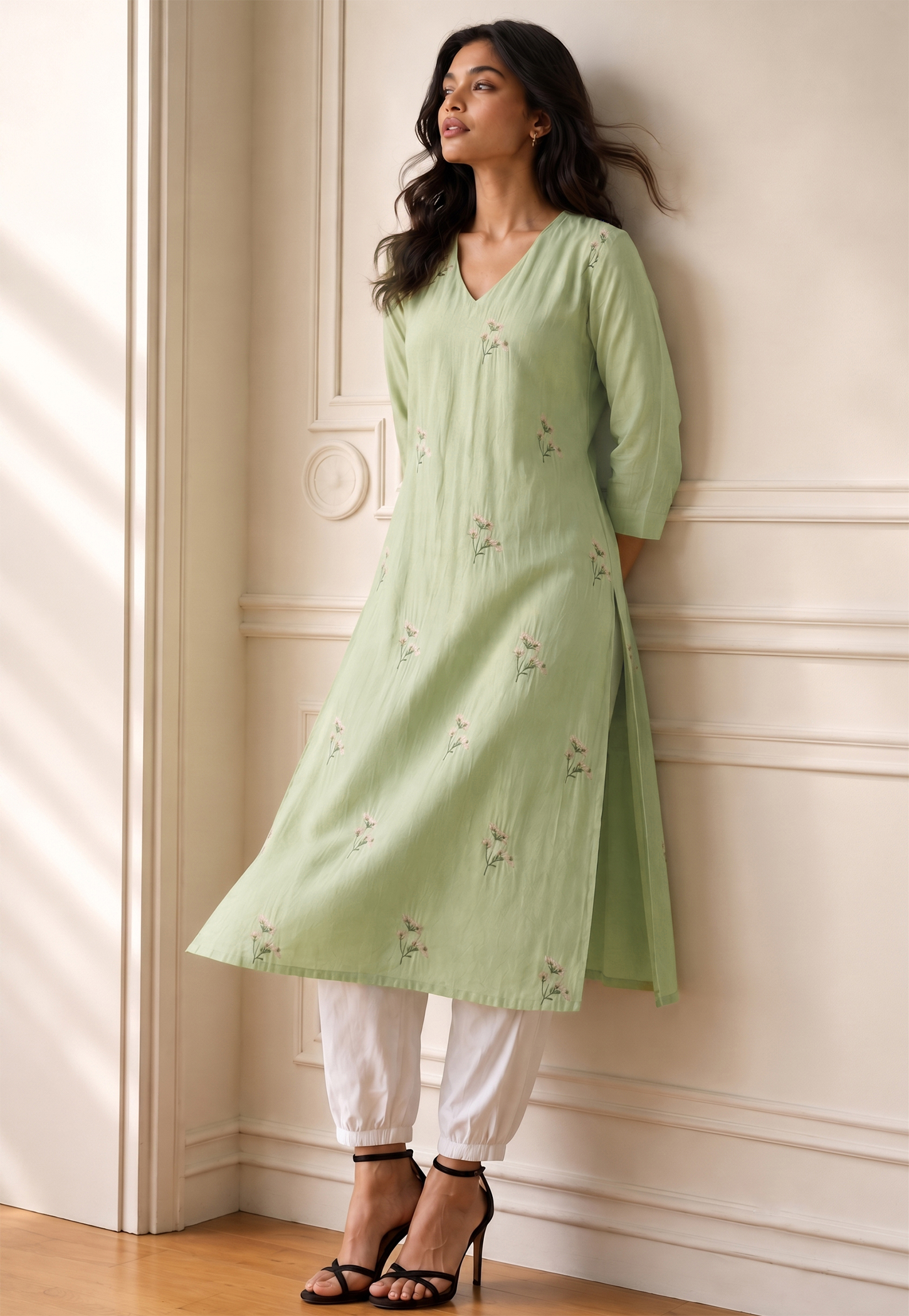 MELANGE Embroidered V-Neck 3/4th Sleeves Straight Kurta-picture-11
