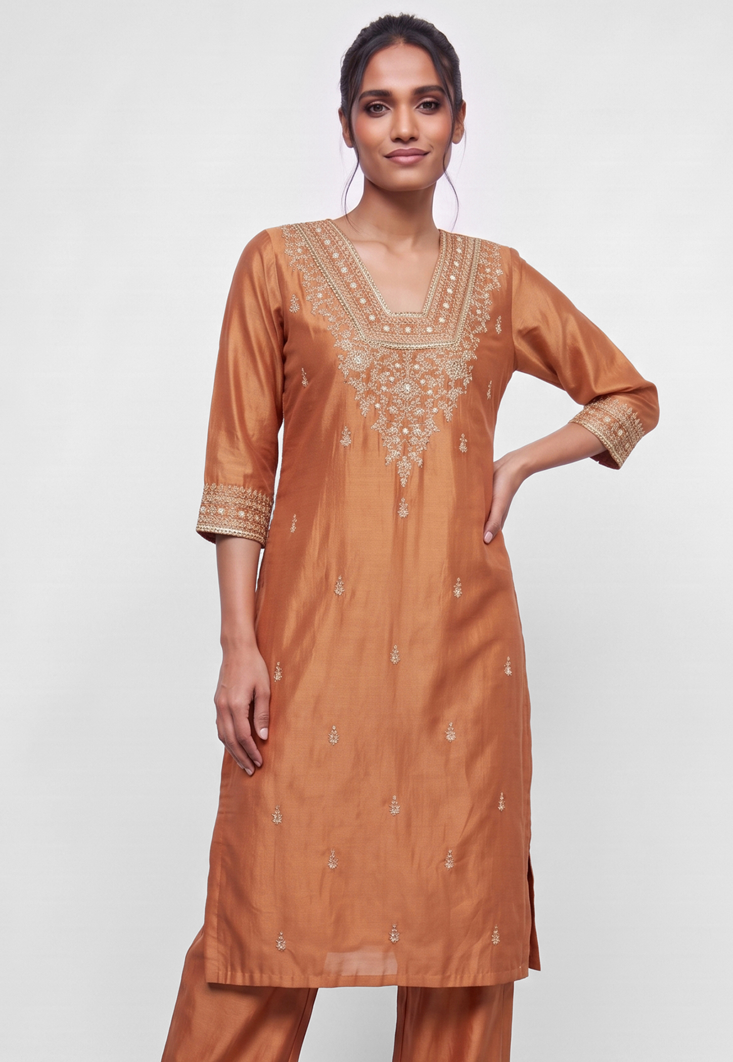 MELANGE Embroidered V-Neck Straight Kurta-picture-42
