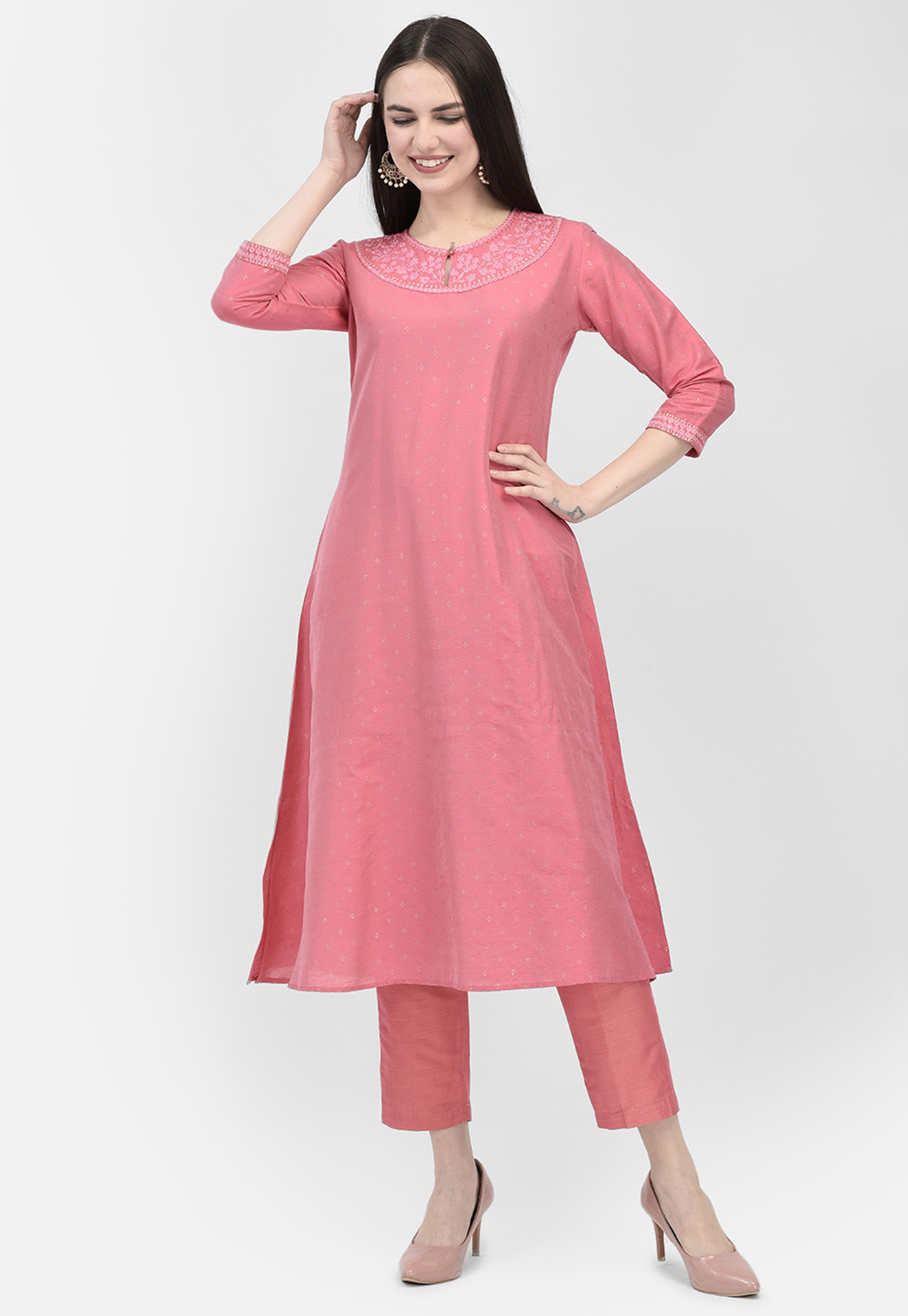 SPAN Embroidered Keyhole 3/4th Sleeves A-line Kurta-picture-14