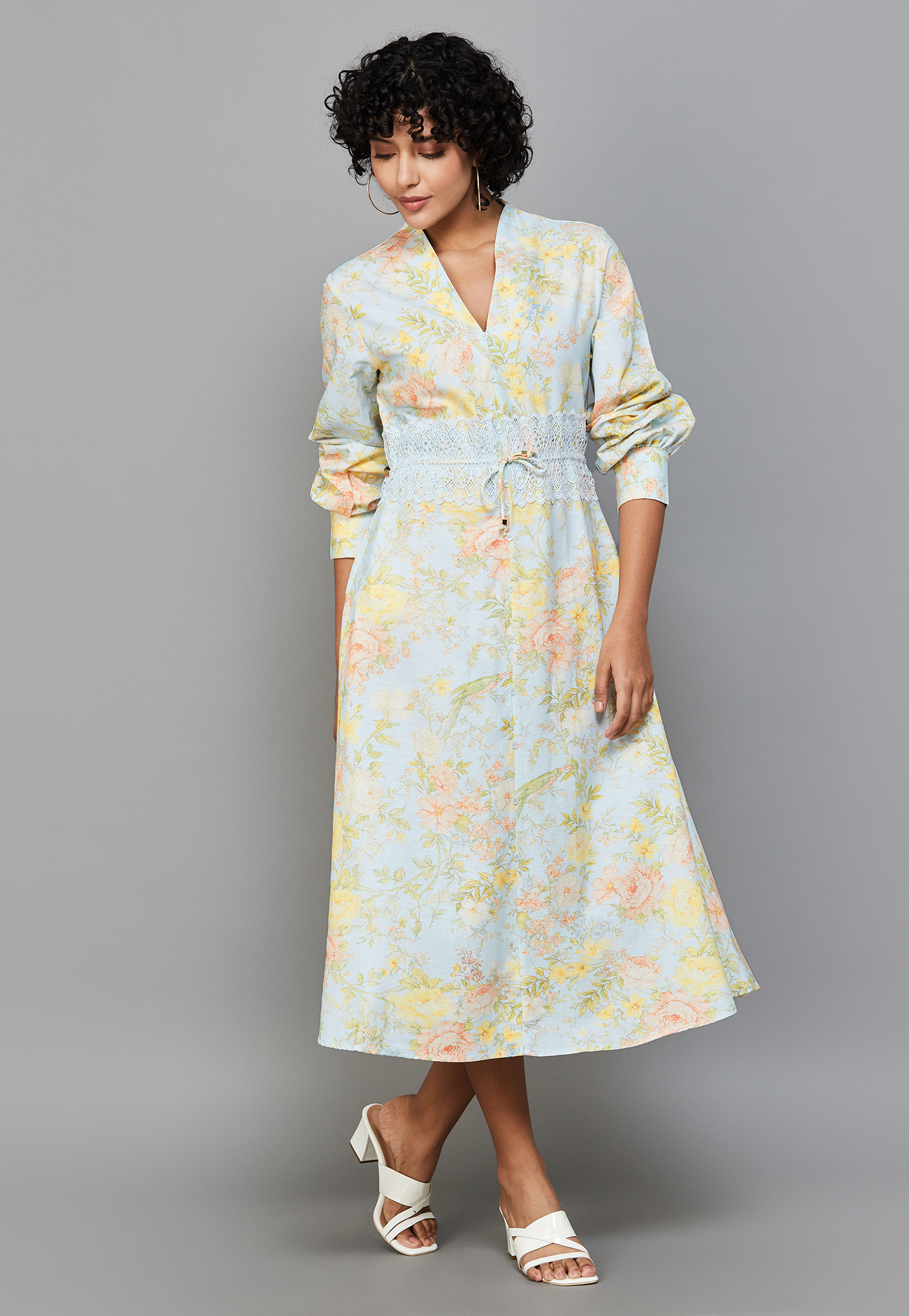 RAREISM Floral Print Lace Detail Midi Dress-picture-20