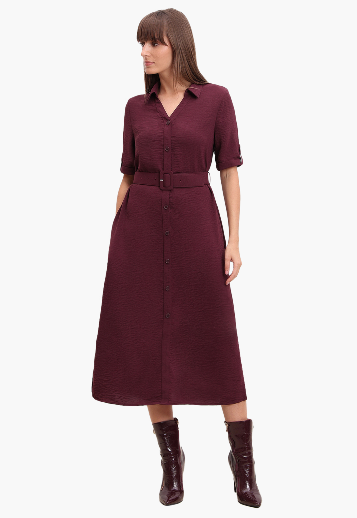 VERO MODA Solid Shirt Dress with Belt-picture-19