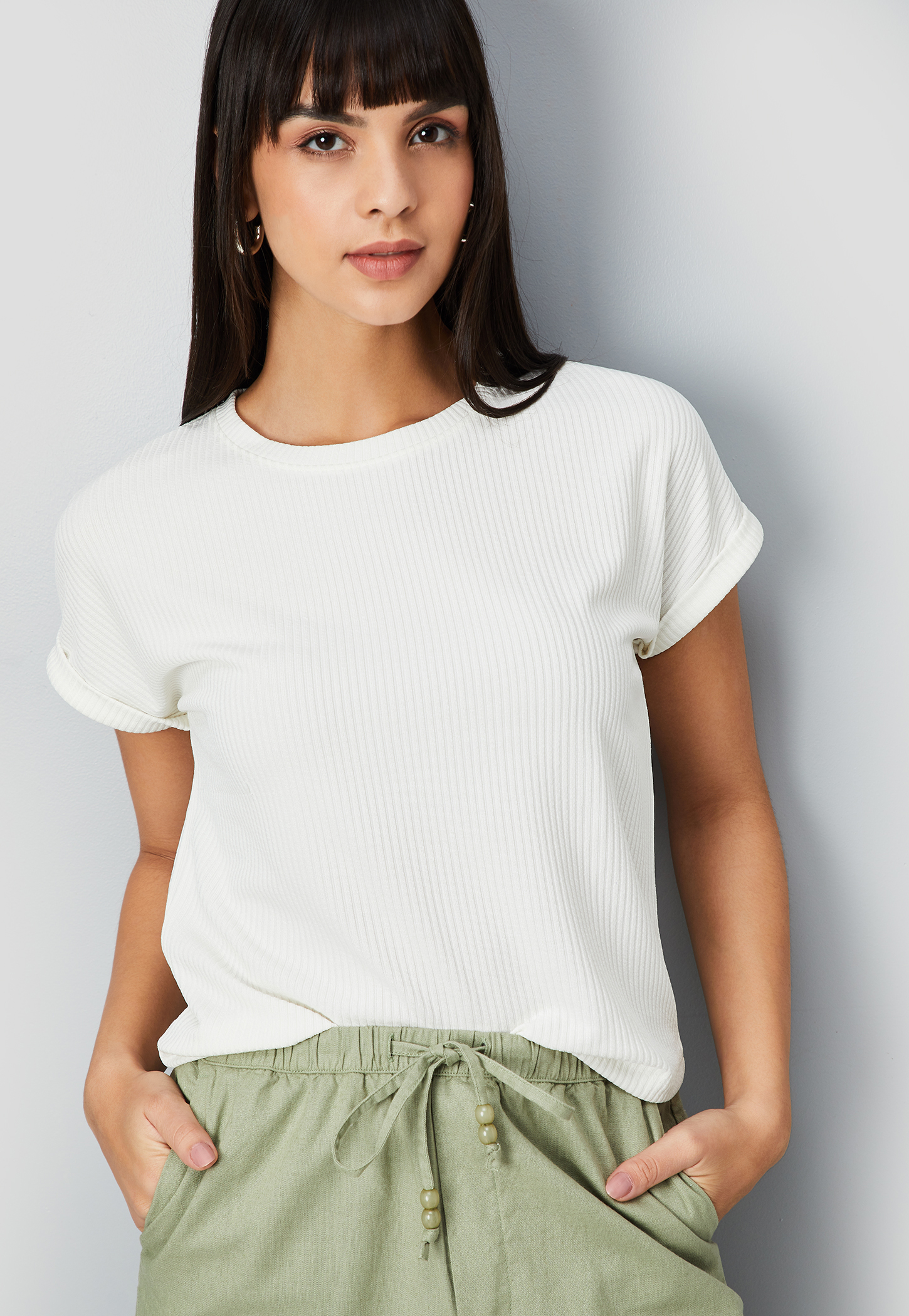 Women Ribbed Knit T-shirt-image-8