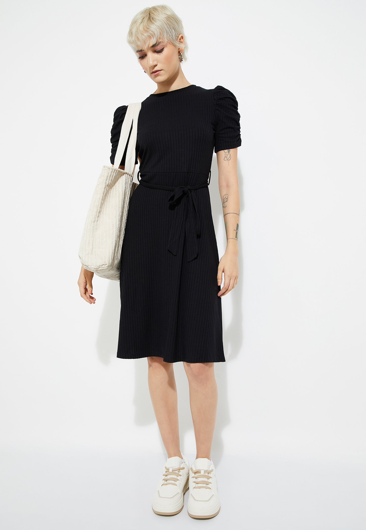 URB_N Women Ribbed Fit & Flare Belted Dress-image-6