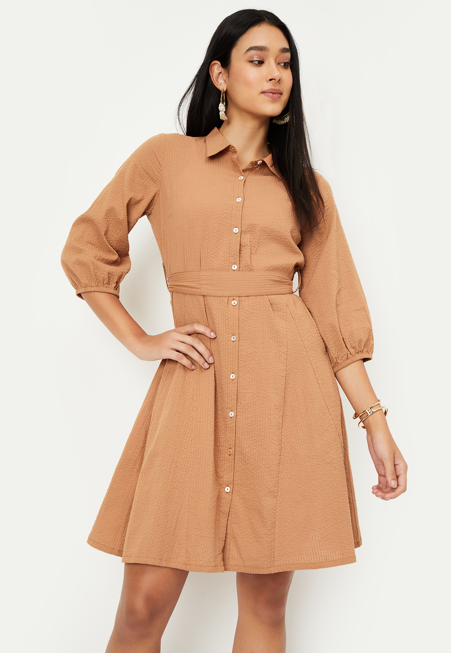 Kalki x Max Women Seersucker Belted Shirt Dress-picture-44