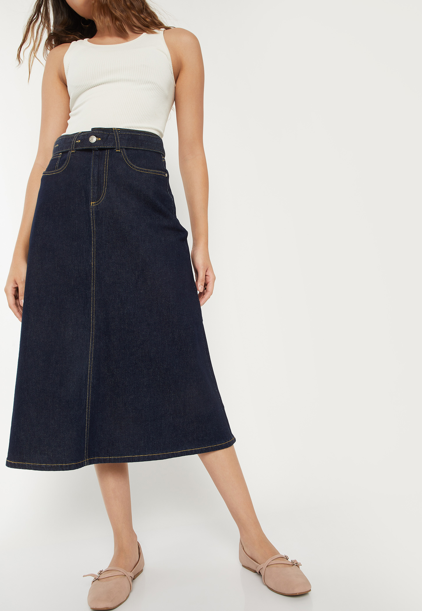 Women Solid Denim Skirt-image-10
