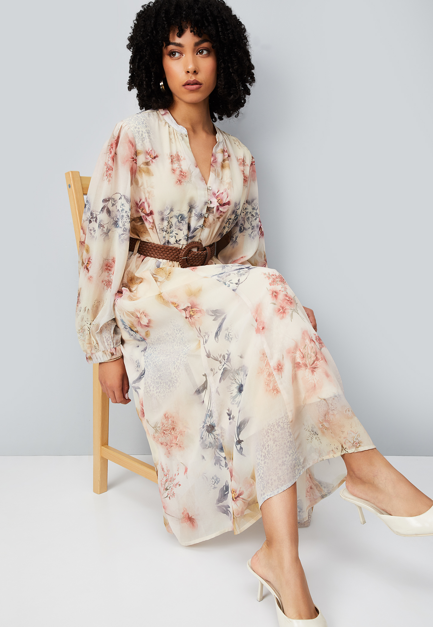 Women Floral Print Midi Dress with Belt-picture-55