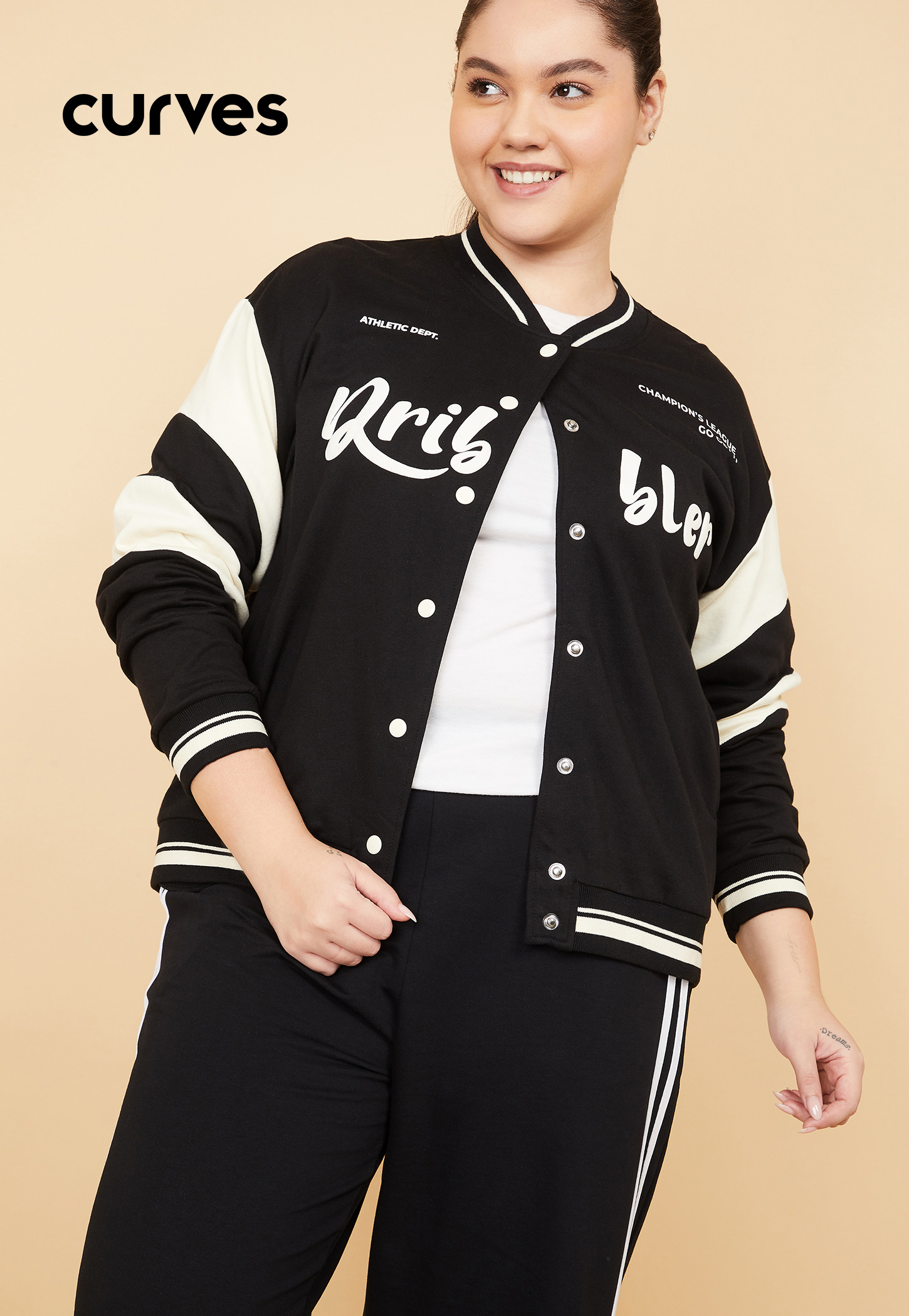 Women Printed Boxy Fit Varsity Jacket-image-46