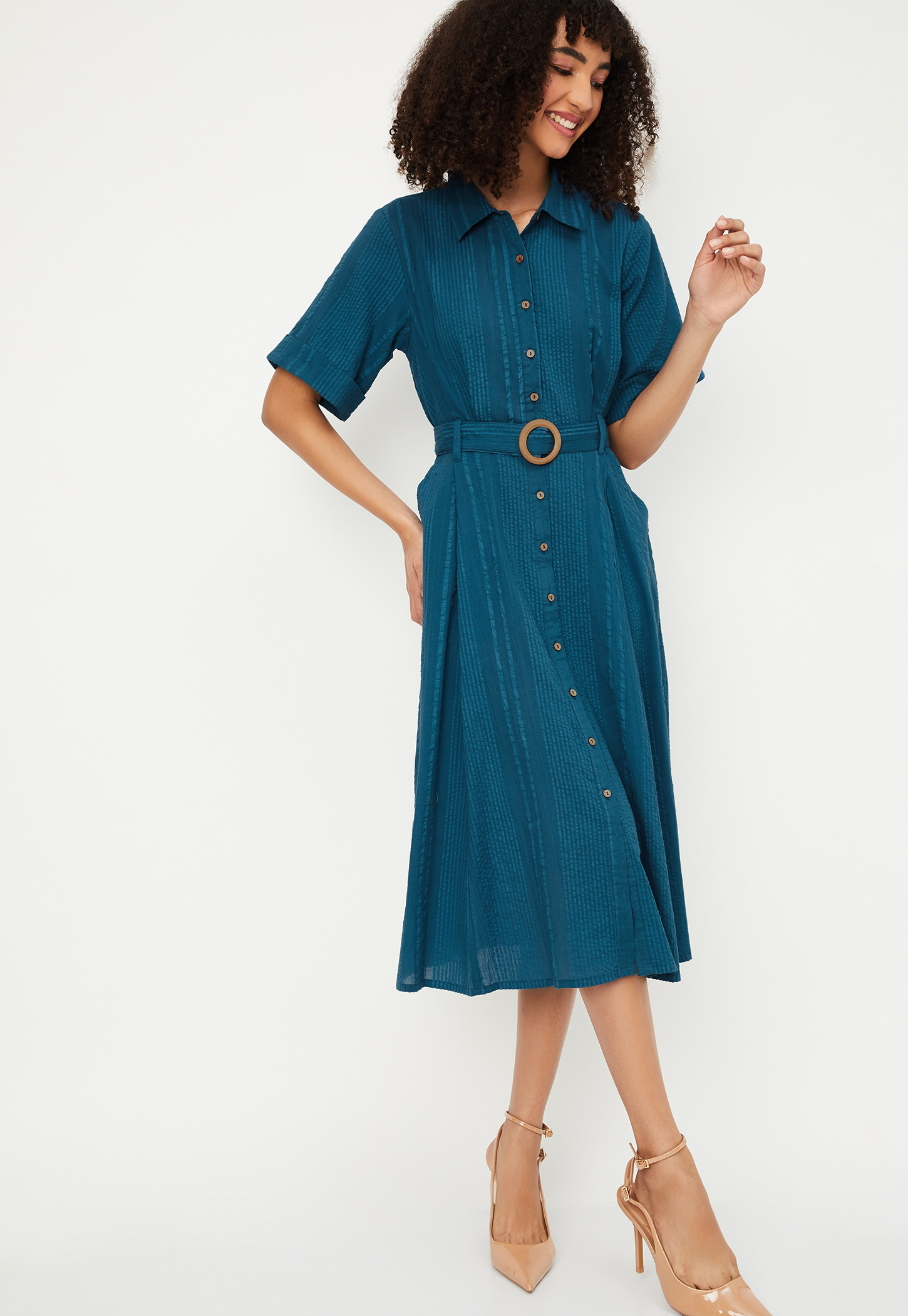 Women Textured Belted Shirt Dress-picture-50